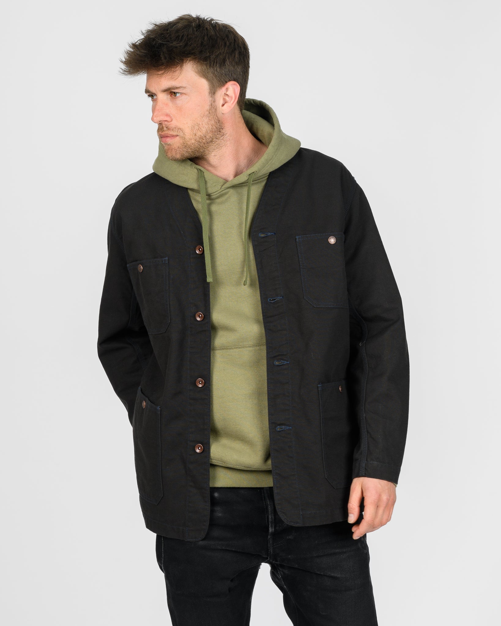 IHJ-159-BLK 13.5oz DUCK COLLARLESS CHORE JACKET - BLACK