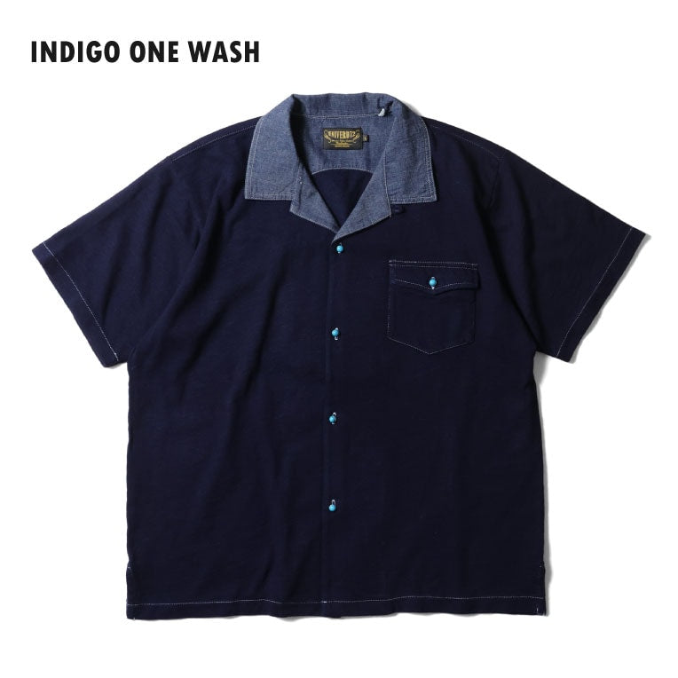 22405 INDIGO OPEN COLLAR TEE - INDIGO ONE WASH