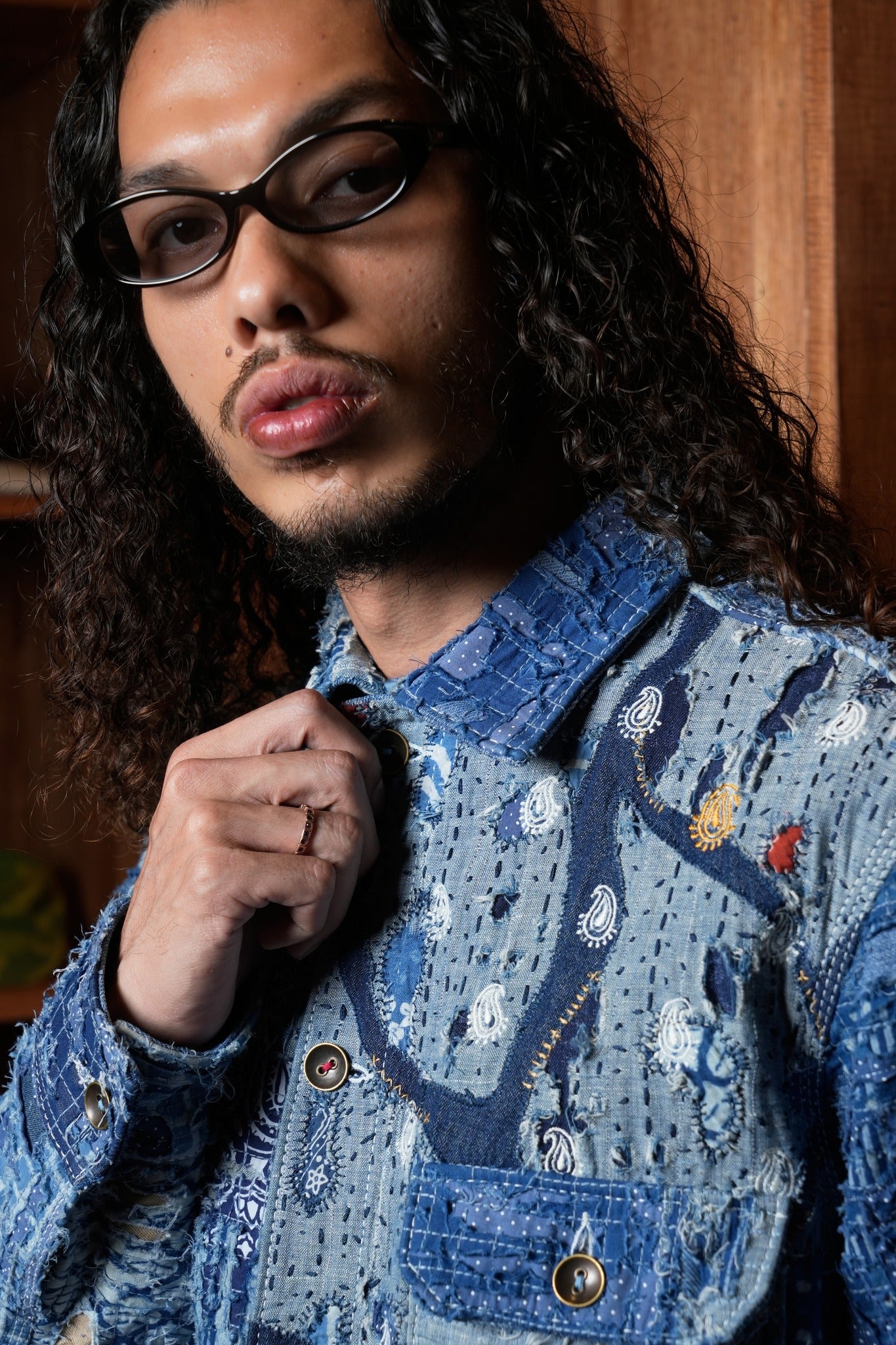 AK/PR/LOT2/JKT/035 Type 1 Ripped & Distressed Denim Jacket with Boro and hand-embroidered Paisley motif  - INDIGO