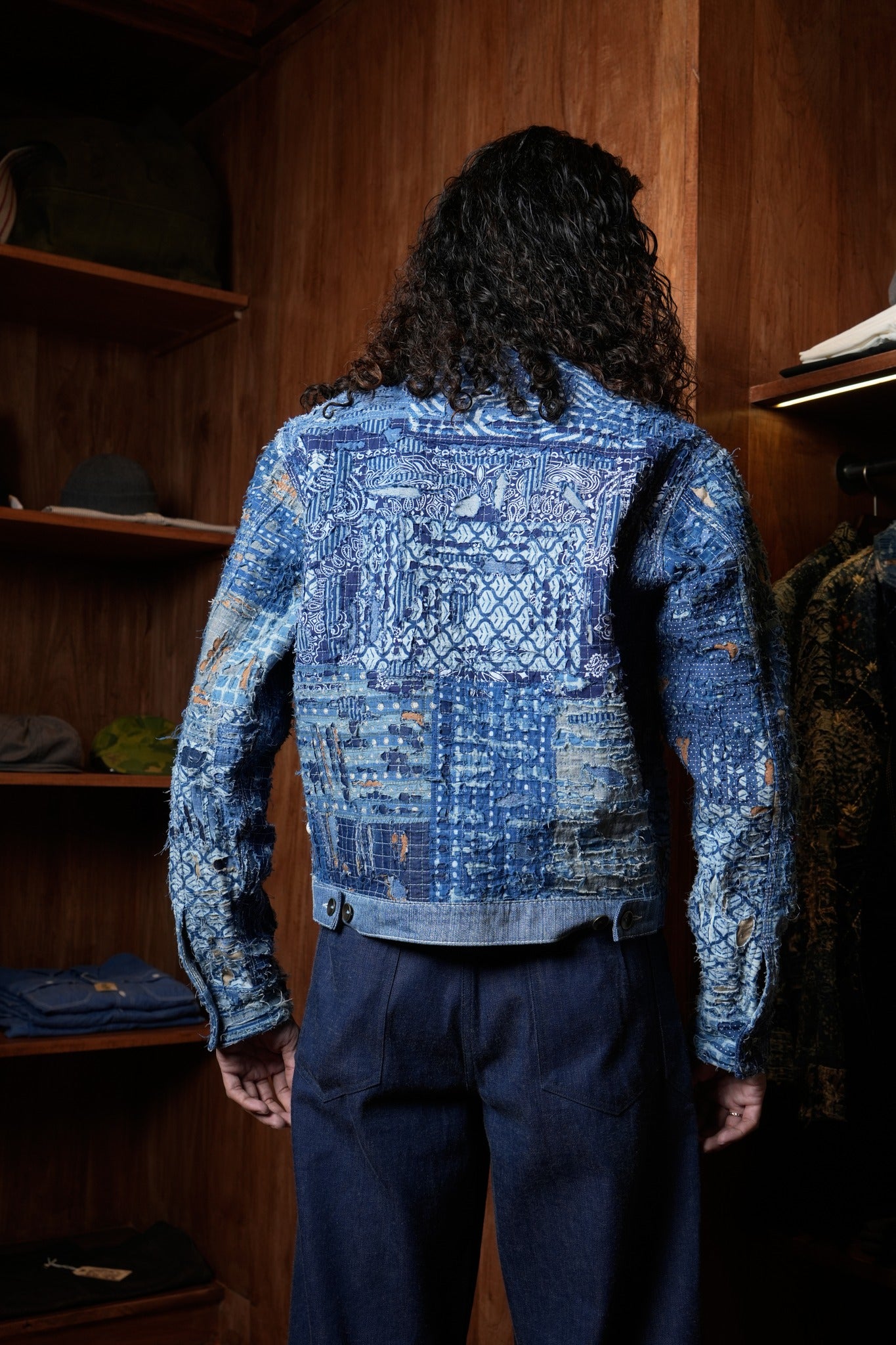 AK/PR/LOT2/JKT/035 Type 1 Ripped & Distressed Denim Jacket with Boro and hand-embroidered Paisley motif  - INDIGO