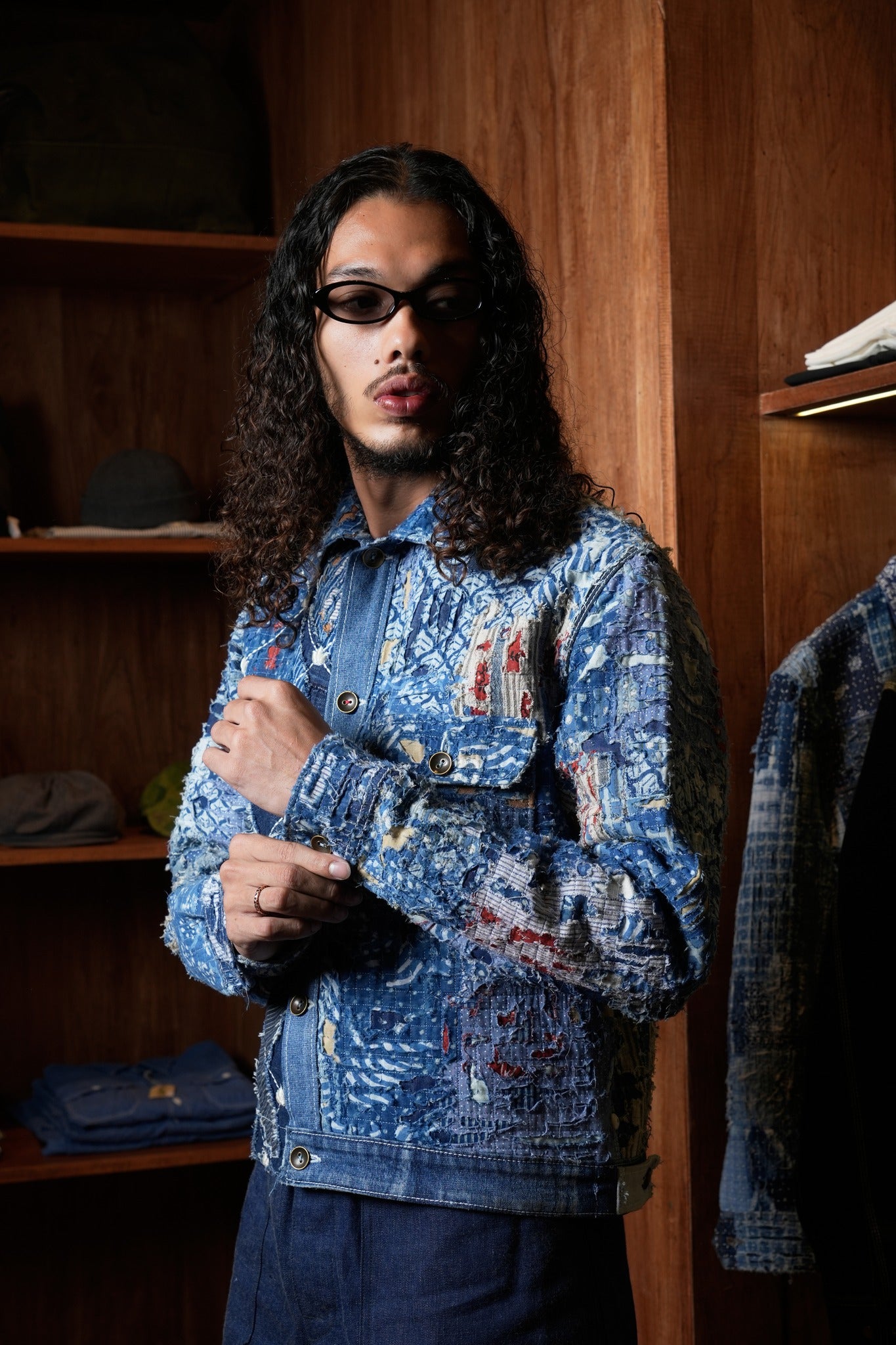 AK/PR/LOT2/JKT/037 Type 1 Ripped & Distressed Denim Jacket with Boro and Lotus Motif - INDIGO