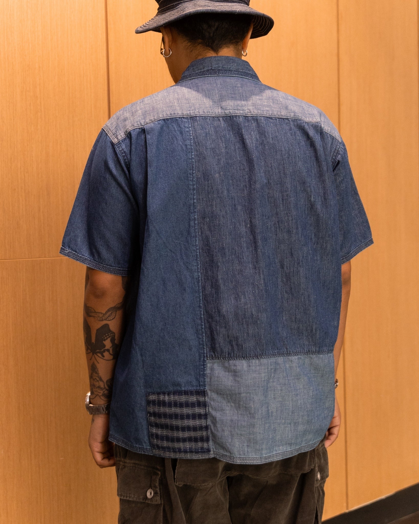 INDIGO MIX FABRIC PATCHWORK S/S OPEN SHIRT - INDIGO