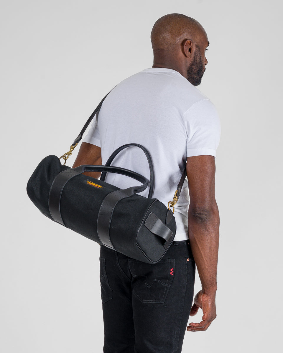 IHE-24-BLK 21oz Denim and Buttero Leather Holdall - BLACK
