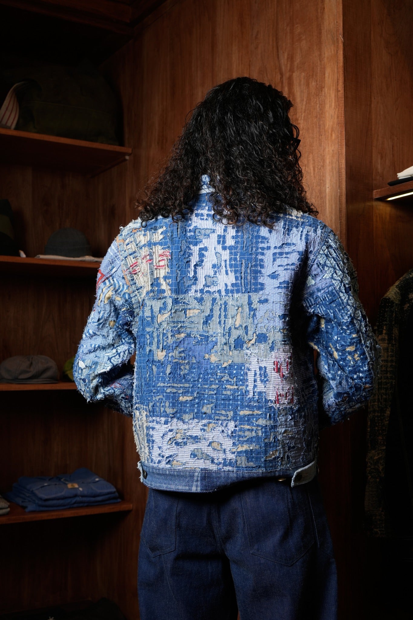 AK/PR/LOT2/JKT/037 Type 1 Ripped & Distressed Denim Jacket with Boro and Lotus Motif - INDIGO