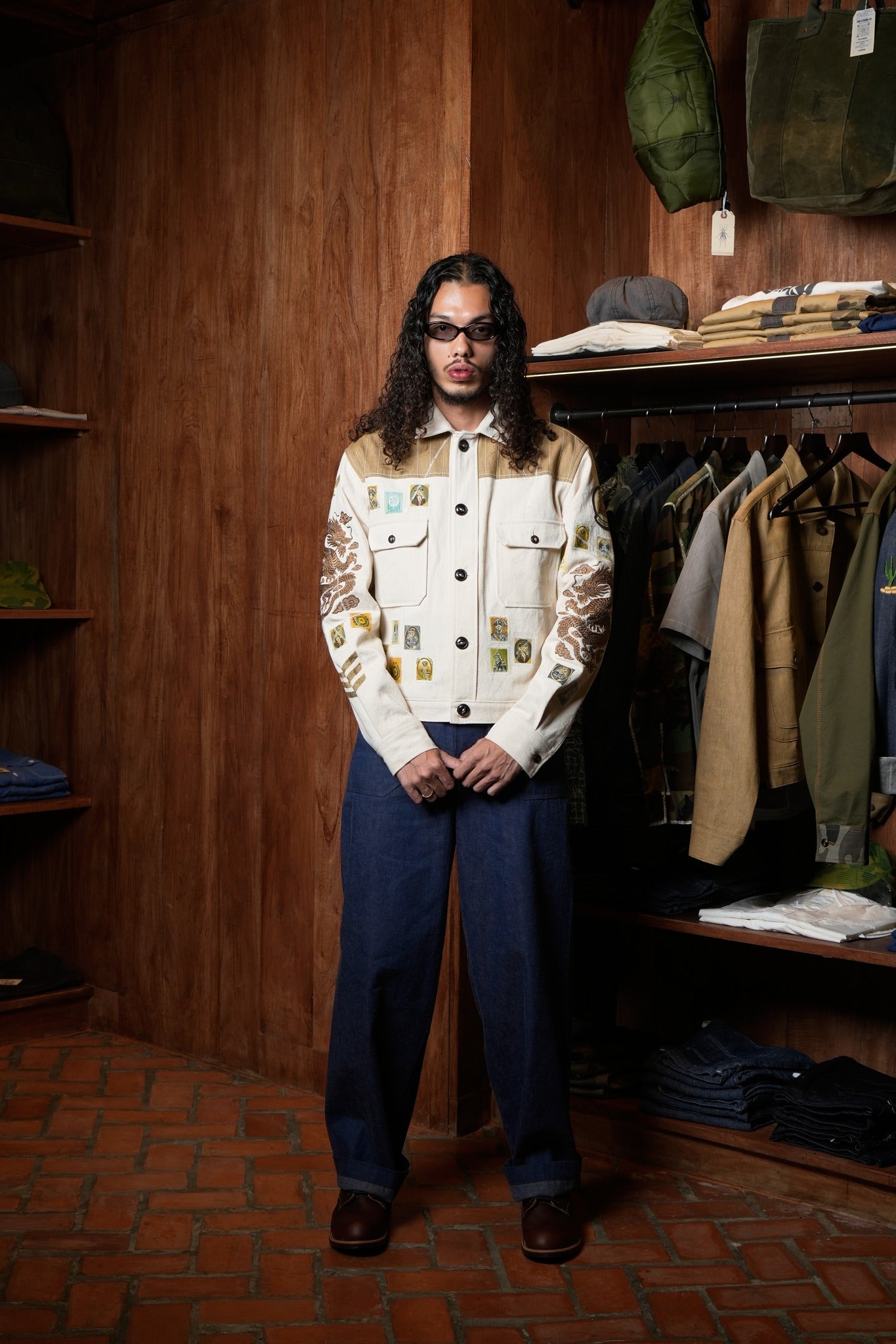 AK/PR/LOT2/JKT/041 Golden Dragon Bomber jacket with handembroidery & hand-painted badges all-over  - OFF WHITE