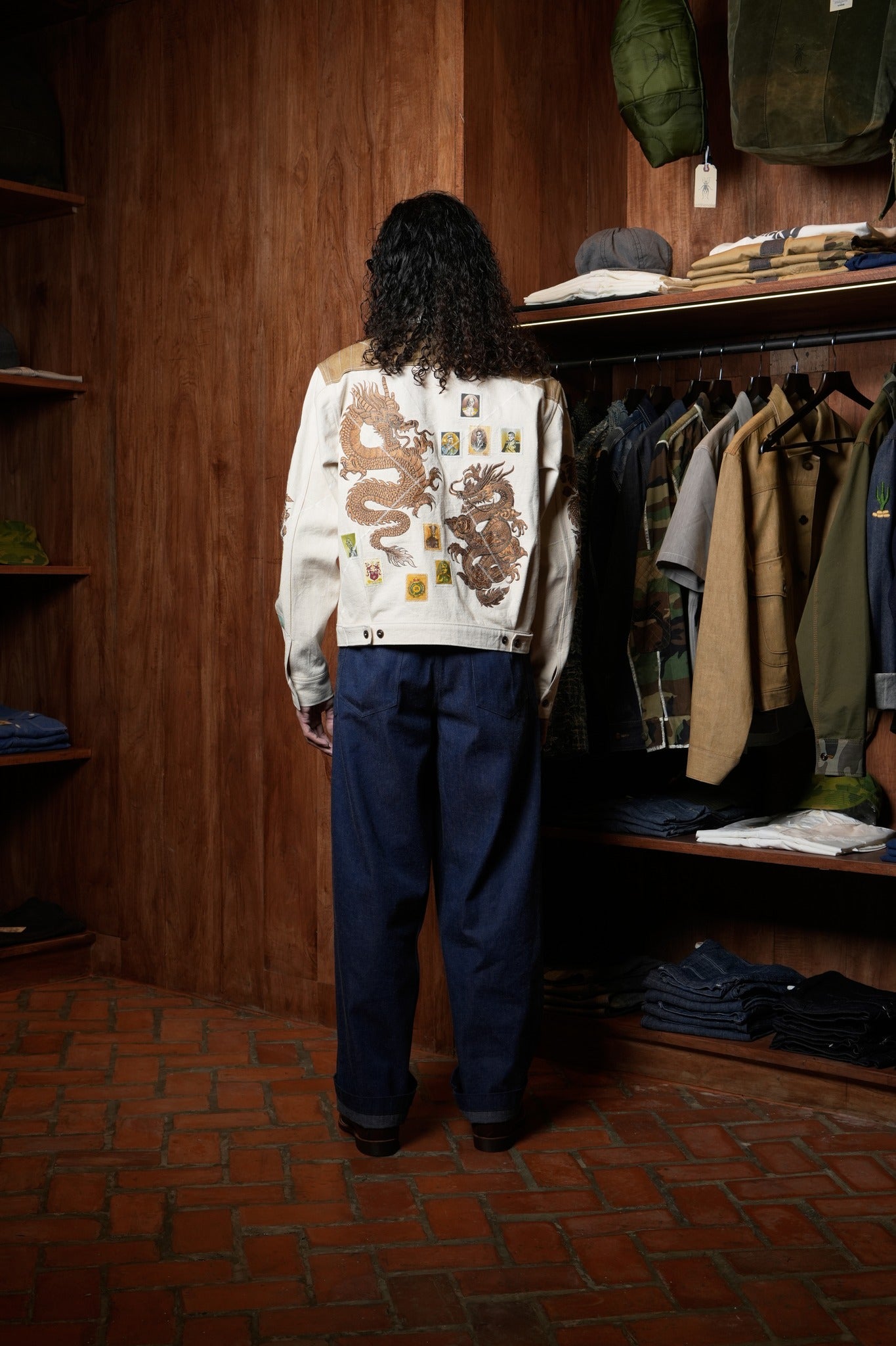 AK/PR/LOT2/JKT/041 Golden Dragon Bomber jacket with handembroidery & hand-painted badges all-over  - OFF WHITE
