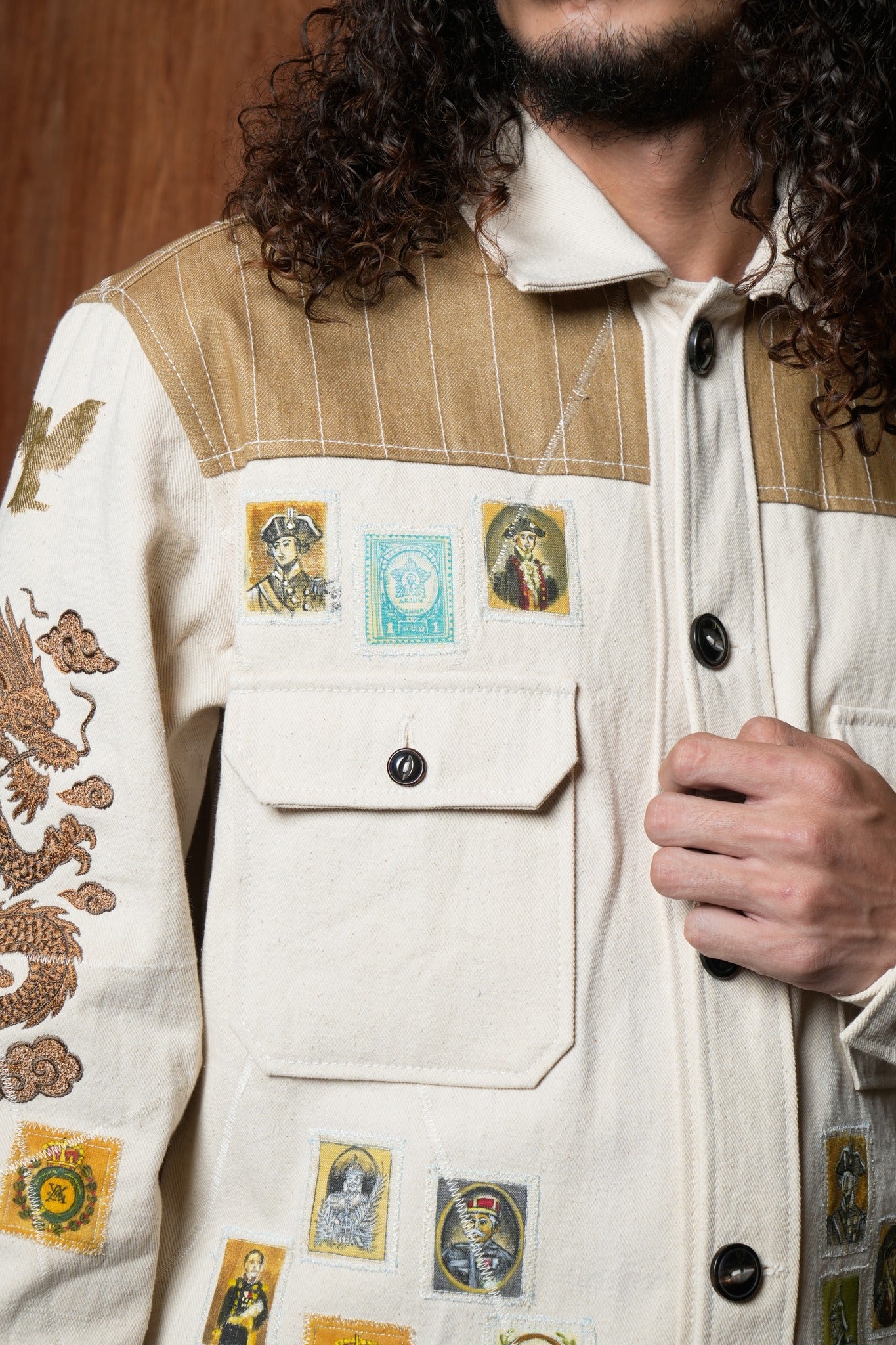 AK/PR/LOT2/JKT/041 Golden Dragon Bomber jacket with handembroidery & hand-painted badges all-over  - OFF WHITE