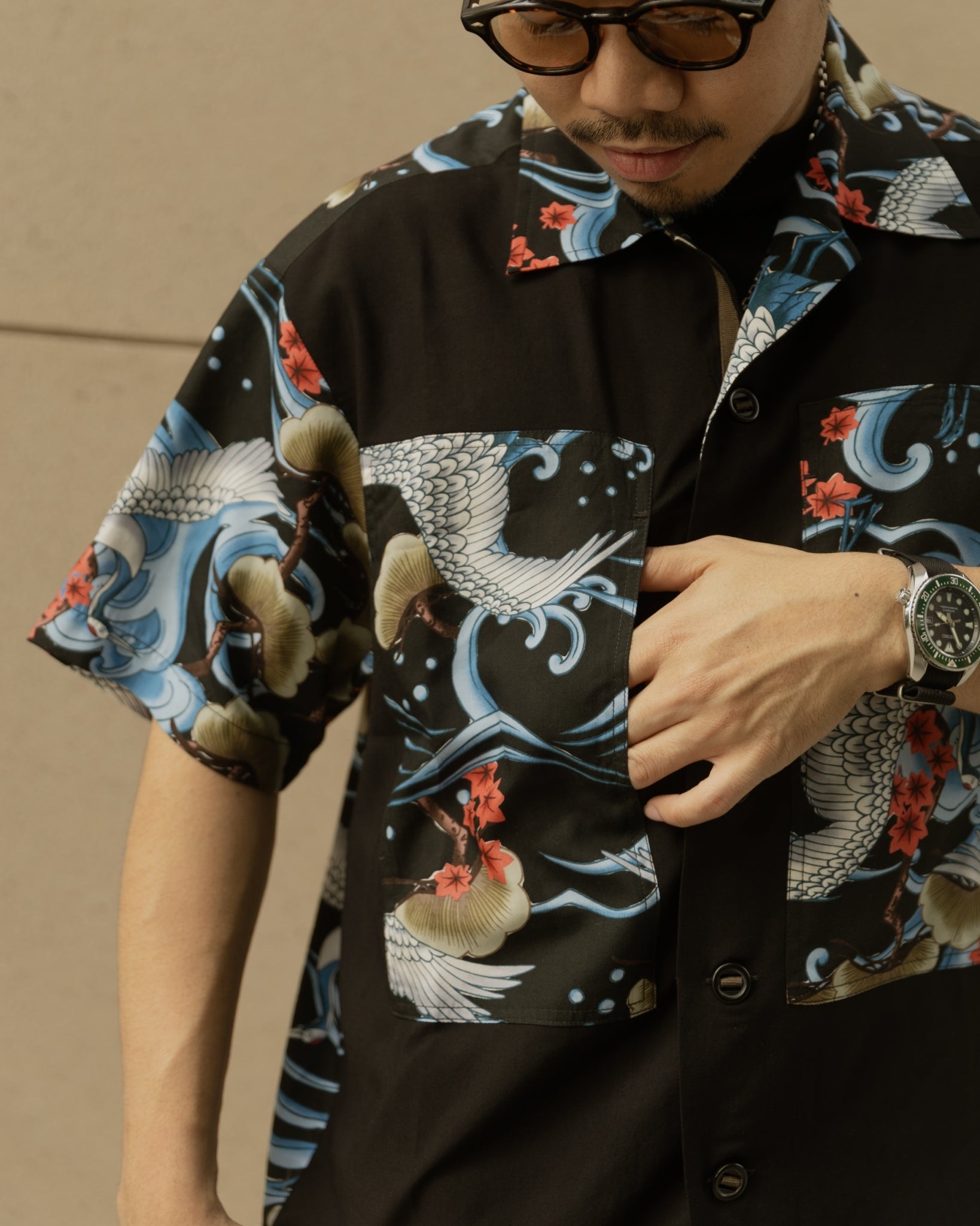 MASH UP ALOHA SHIRT - BLACK CRANE