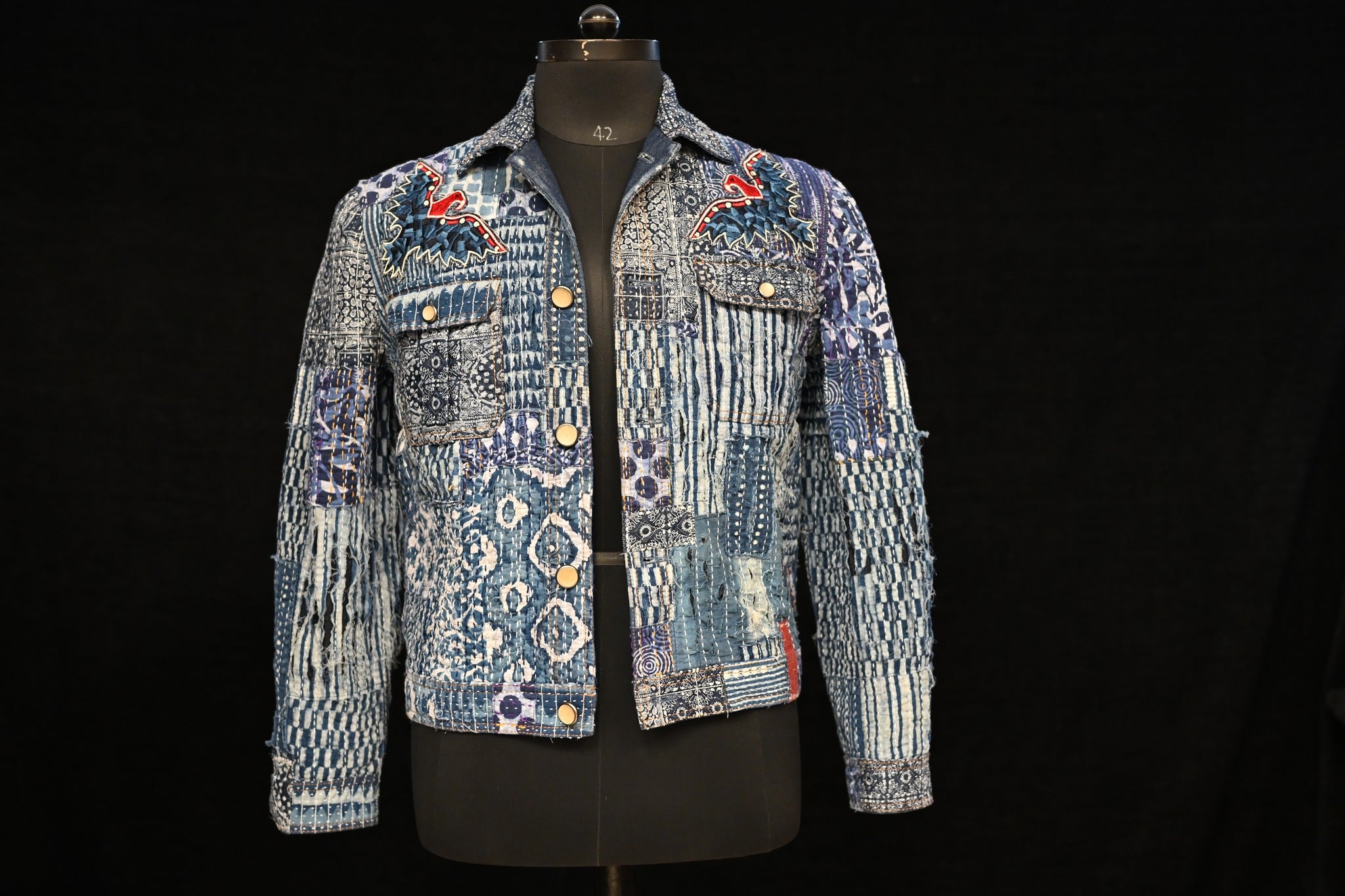 AK/PR/LOT1/JKT/012 Fly Eagle Fly - Distressed Denim Jacket with Patchwork & Boro; Hand Sashiko - INDIGO