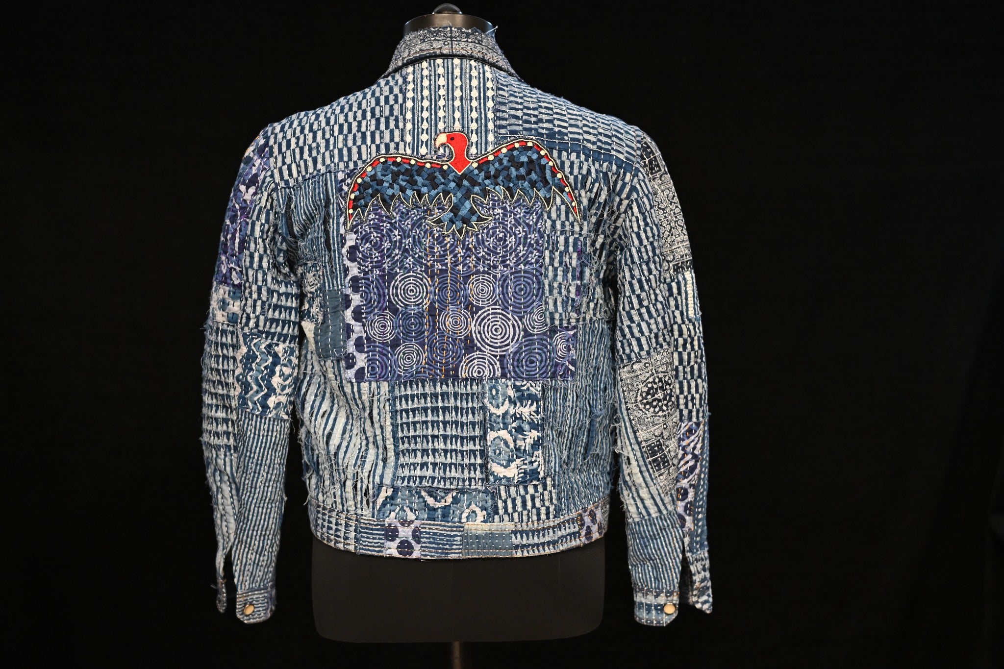 AK/PR/LOT1/JKT/012 Fly Eagle Fly - Distressed Denim Jacket with Patchwork & Boro; Hand Sashiko - INDIGO