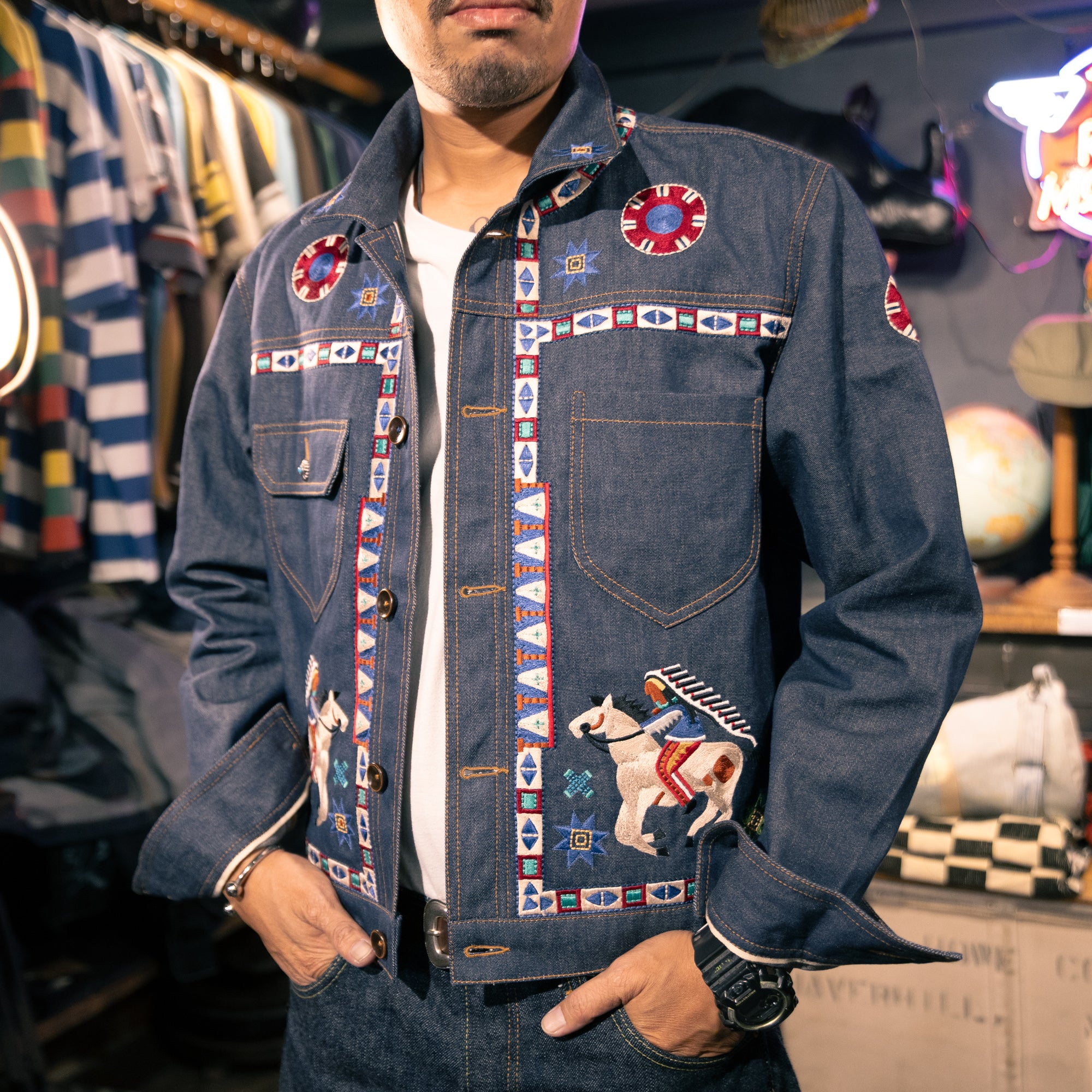 AK/PR/LOT1/JKT/006 Navajo Embroidered Denim Jacket (Japan Selv Totem) - INDIGO