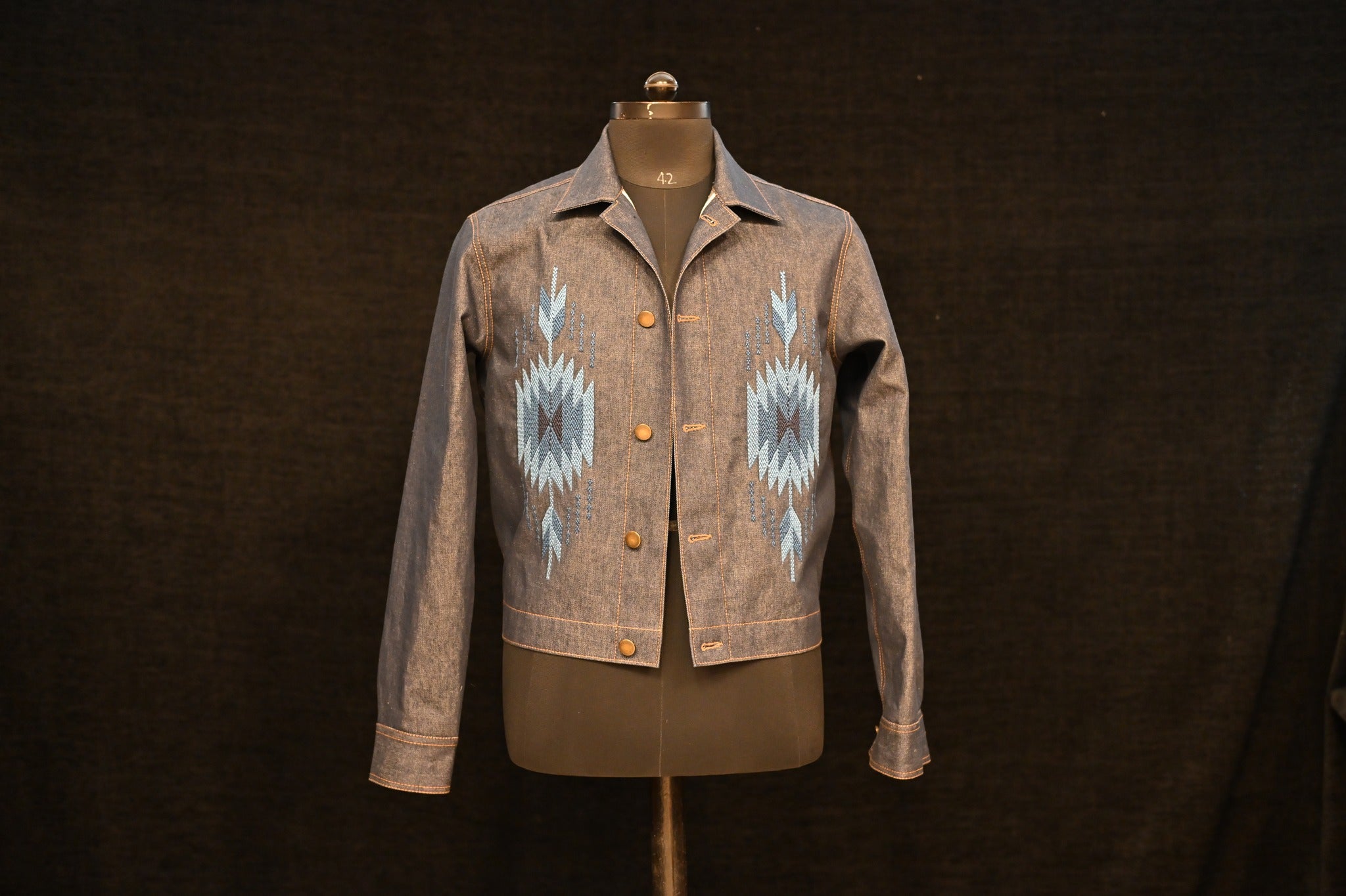 AK/PR/LOT1/JKT/001 Type-1 Japanese Selvedge Denim Aztec Motif Jacket (Blue) - INDIGO