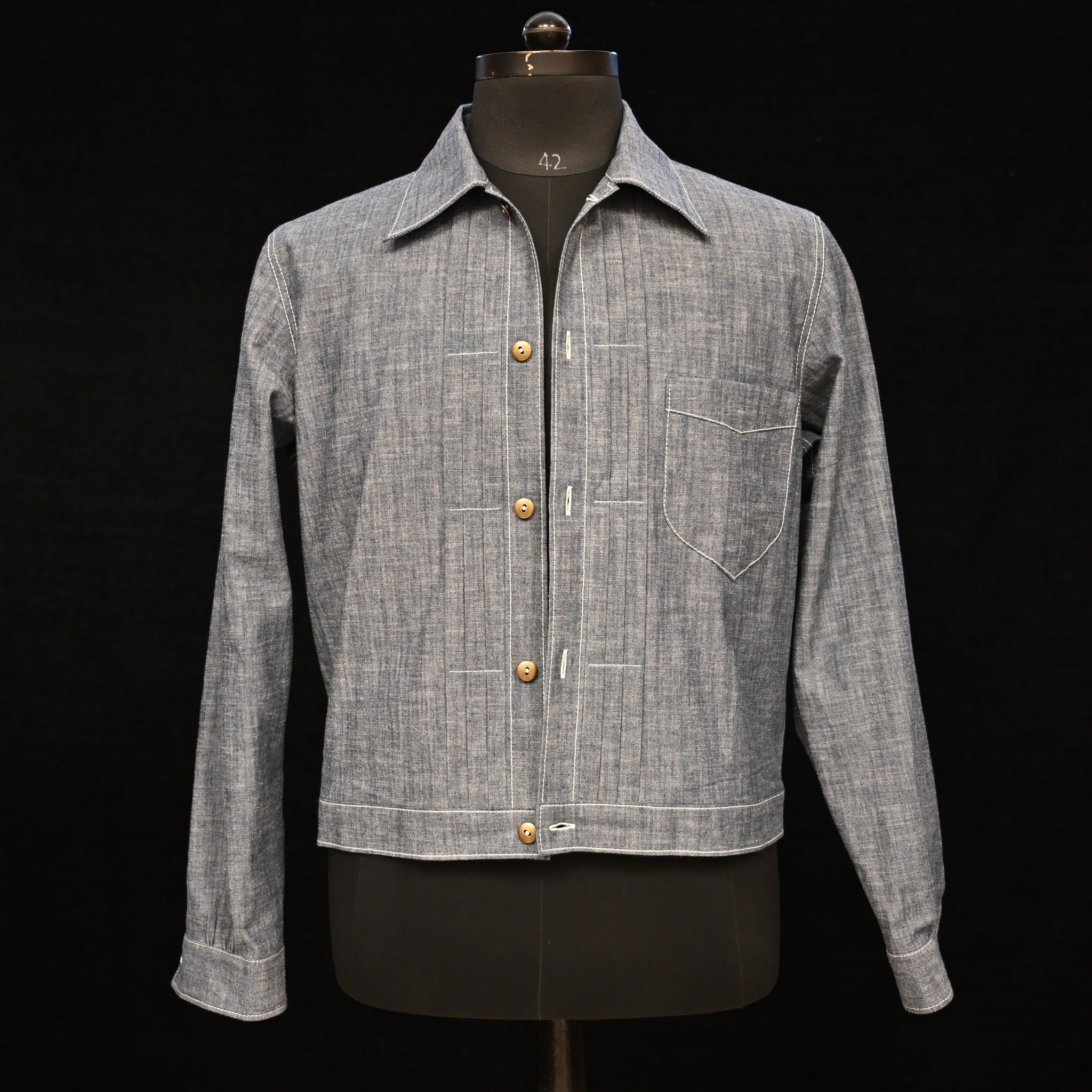 AK/PR/LOT1/JKT/017 Chambray Front Pleated Denim Shirt Jacket  - INDIGO
