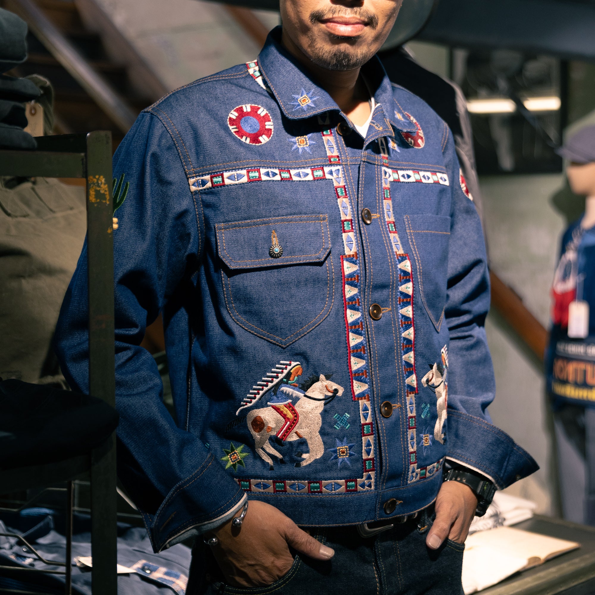 AK/PR/LOT1/JKT/005 Navajo Embroidered Denim Jacket (Japan Selv Phoenix) - INDIGO