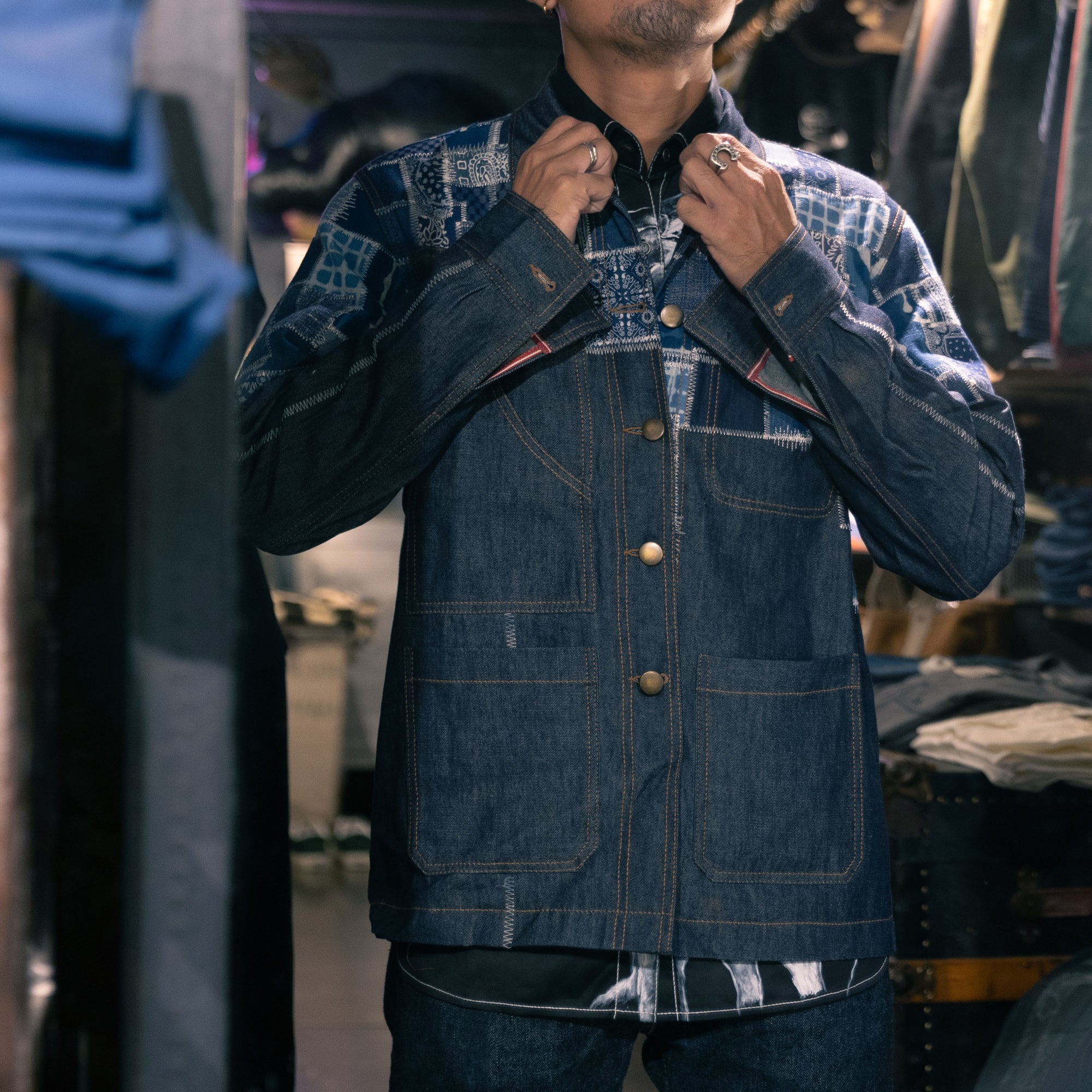 AK/PR/LOT1/CJKT/001 Half Boro Patch Denim Chore Jacket (Japan Selv) - INDIGO