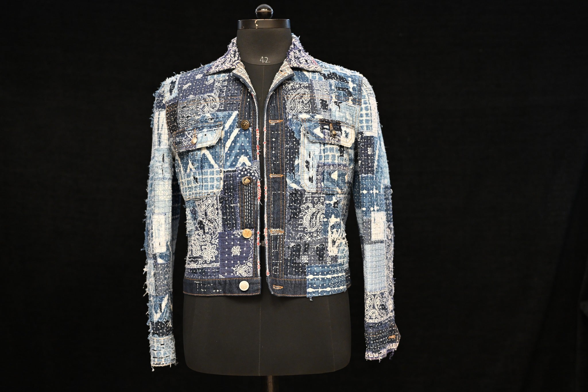 AK/PR/LOT1/JKT/009 Type 2 - Distressed Denim Jacket with Patchwork & Boro (Japan Selv) - INDIGO