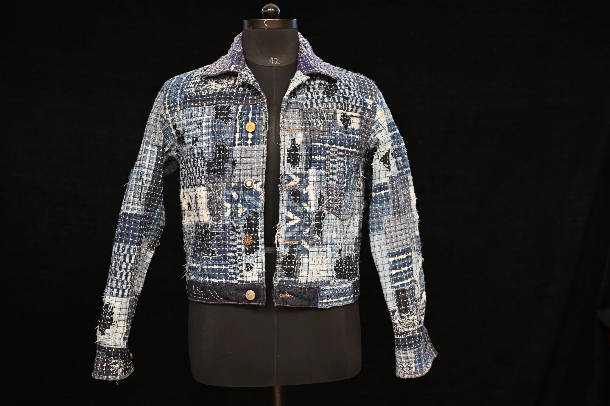 AK/PR/LOT1/JKT/011 Type 1 - Distressed Denim Jacket with Patchwork & Boro (Japan Selv) - INDIGO