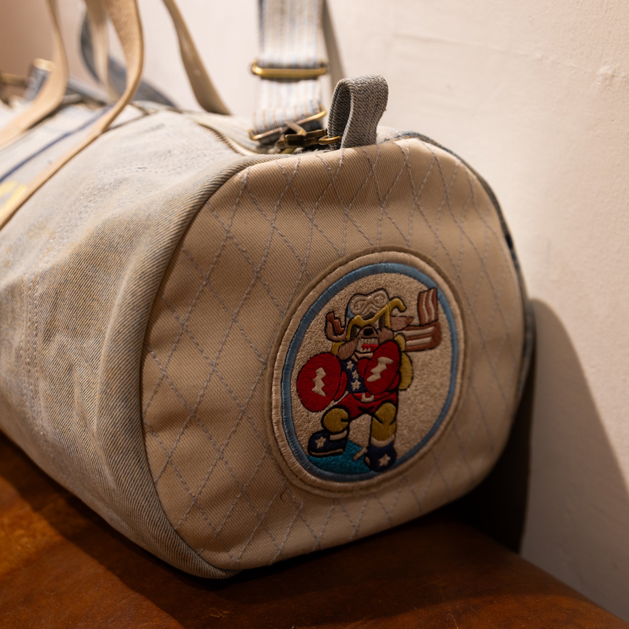 AK/PR/LOT1/ACC/006 Vintage Denim Bulldog Patch Duffel (Ice Blue) Ice