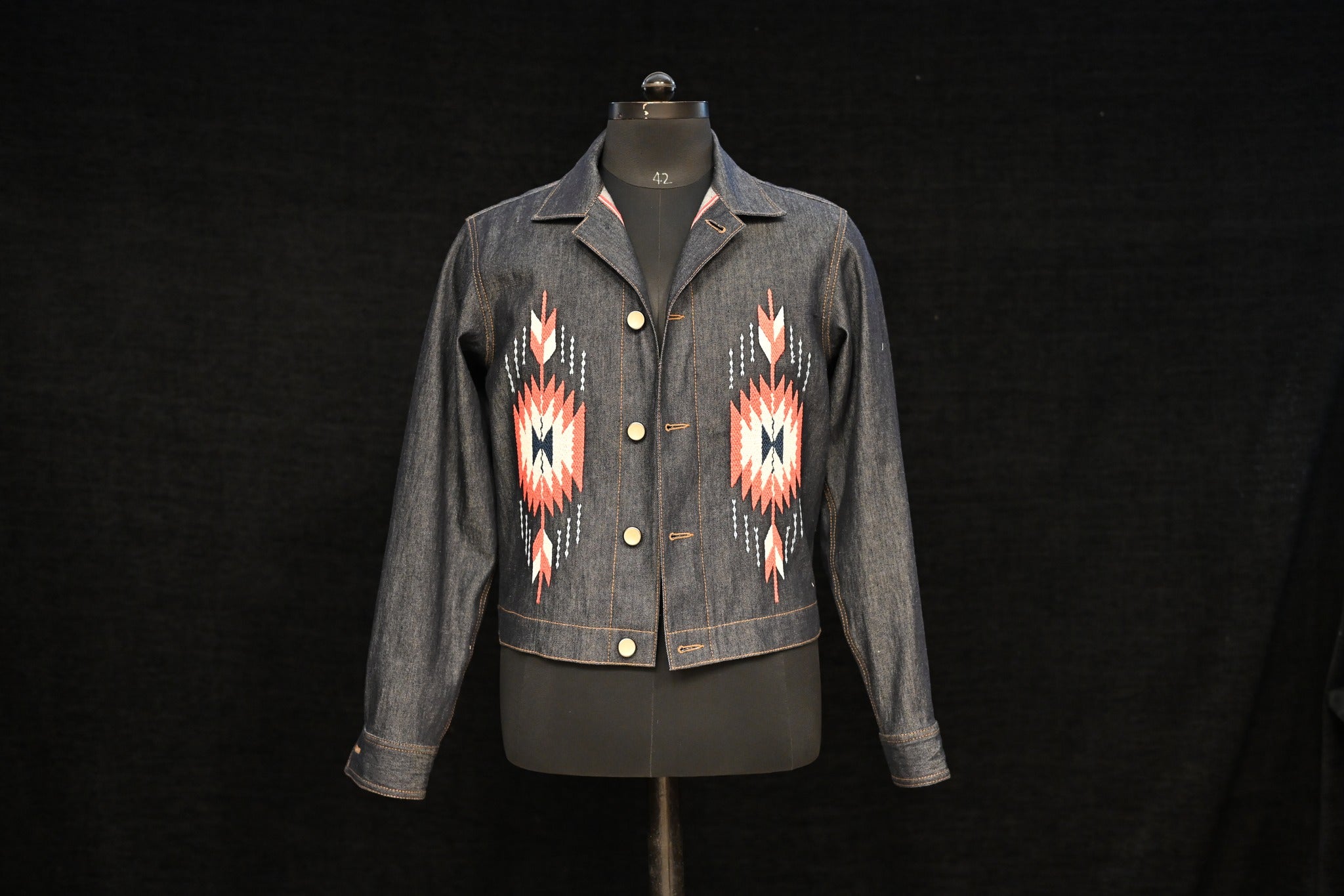 AK/PR/LOT1/JKT/003 Type-1 Japanese Selvedge Denim Aztec Motif Jacket (Red) - INDIGO