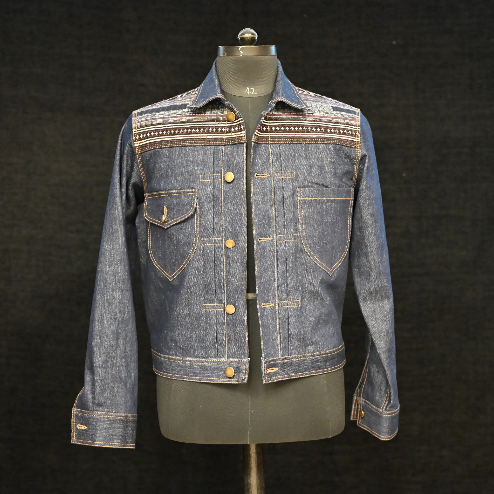 AK/PR/LOT1/JKT/016 Quilted Sapa Yoke Pleated Denim Jacket (Japan Selv) - INDIGO
