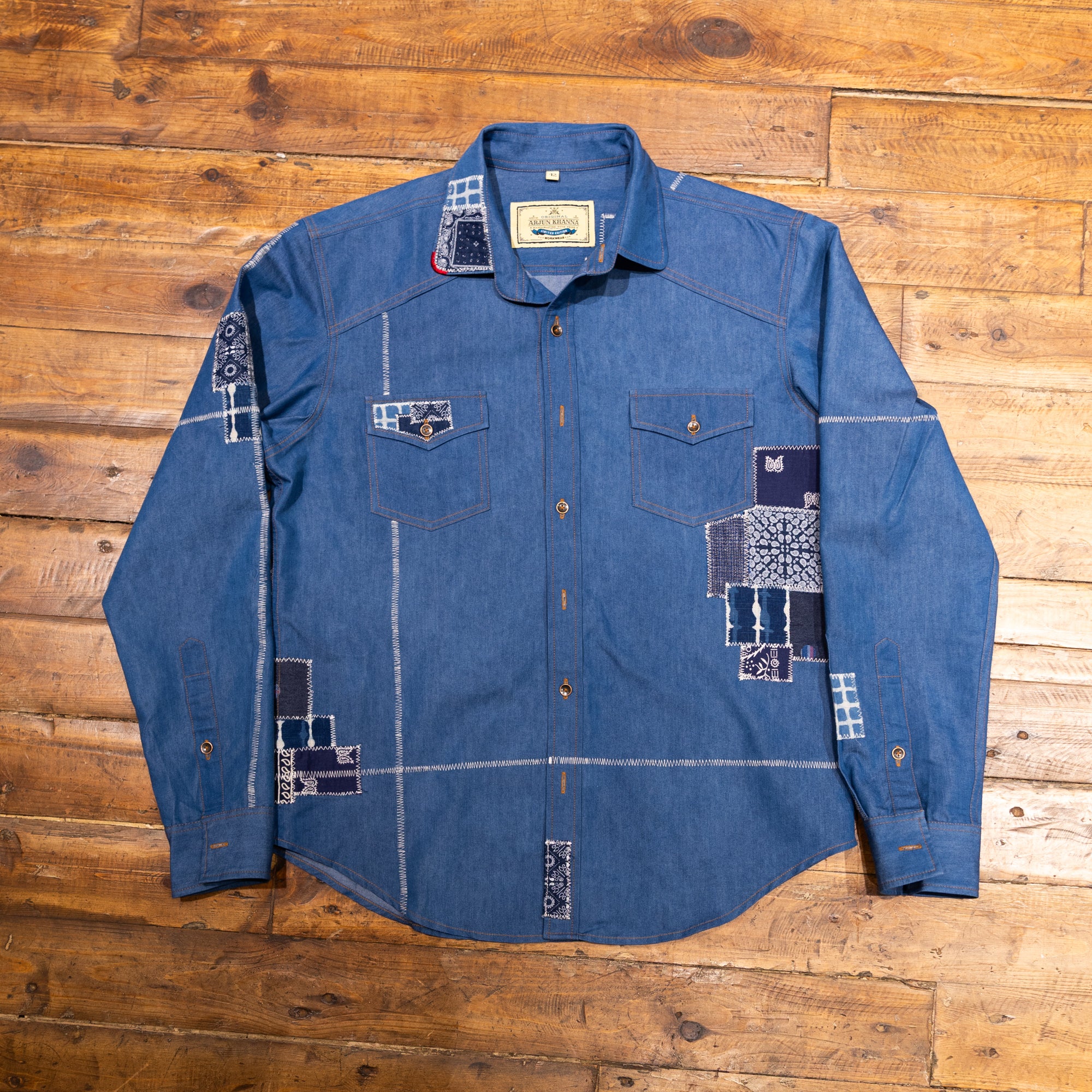 AK/PR/LOT1/SHRT013 Shirt Pattern 4 Light Blue Cotton Patchwork Shirt with Two Flap Pockets - INDIGO