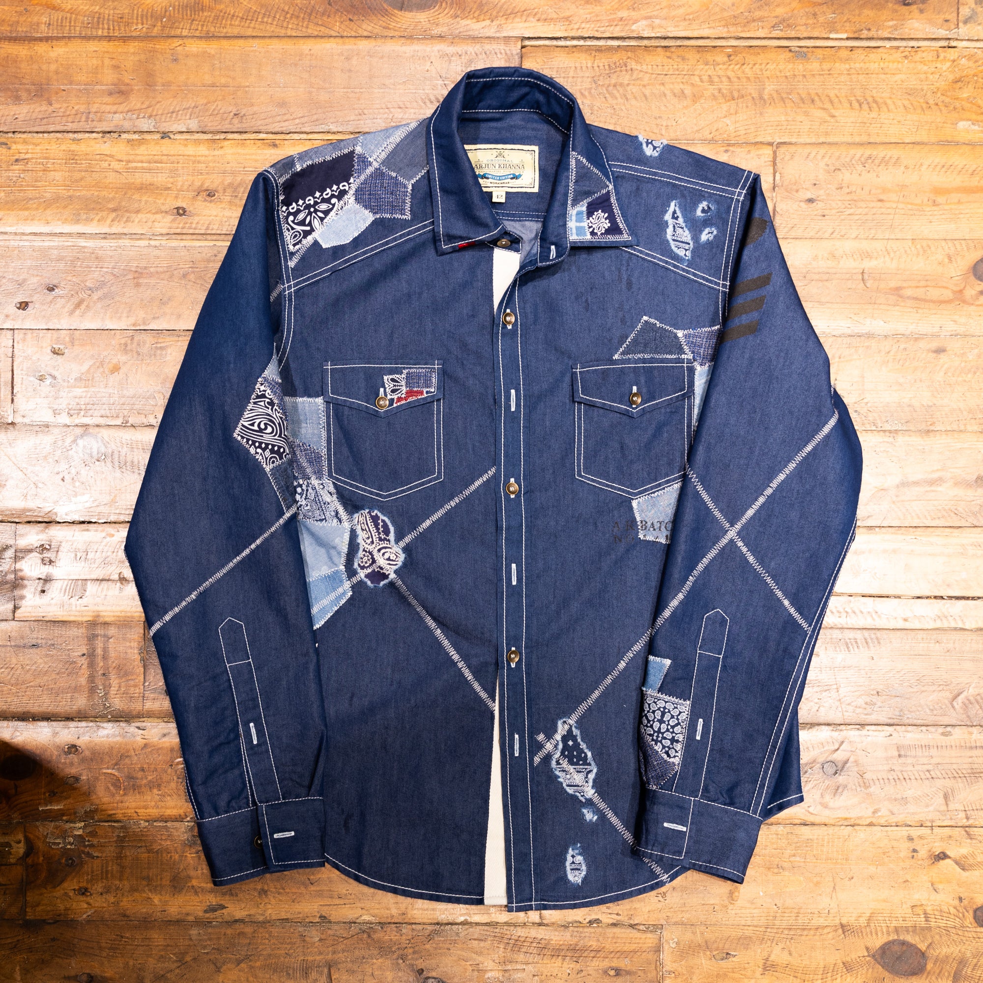 AK/PR/LOT1/SHRT018 Shirt Pattern 4 Repaired Handpainted Mermaid Seafarer Shirt with Heavy Patchwork (Dark) - INDIGO
