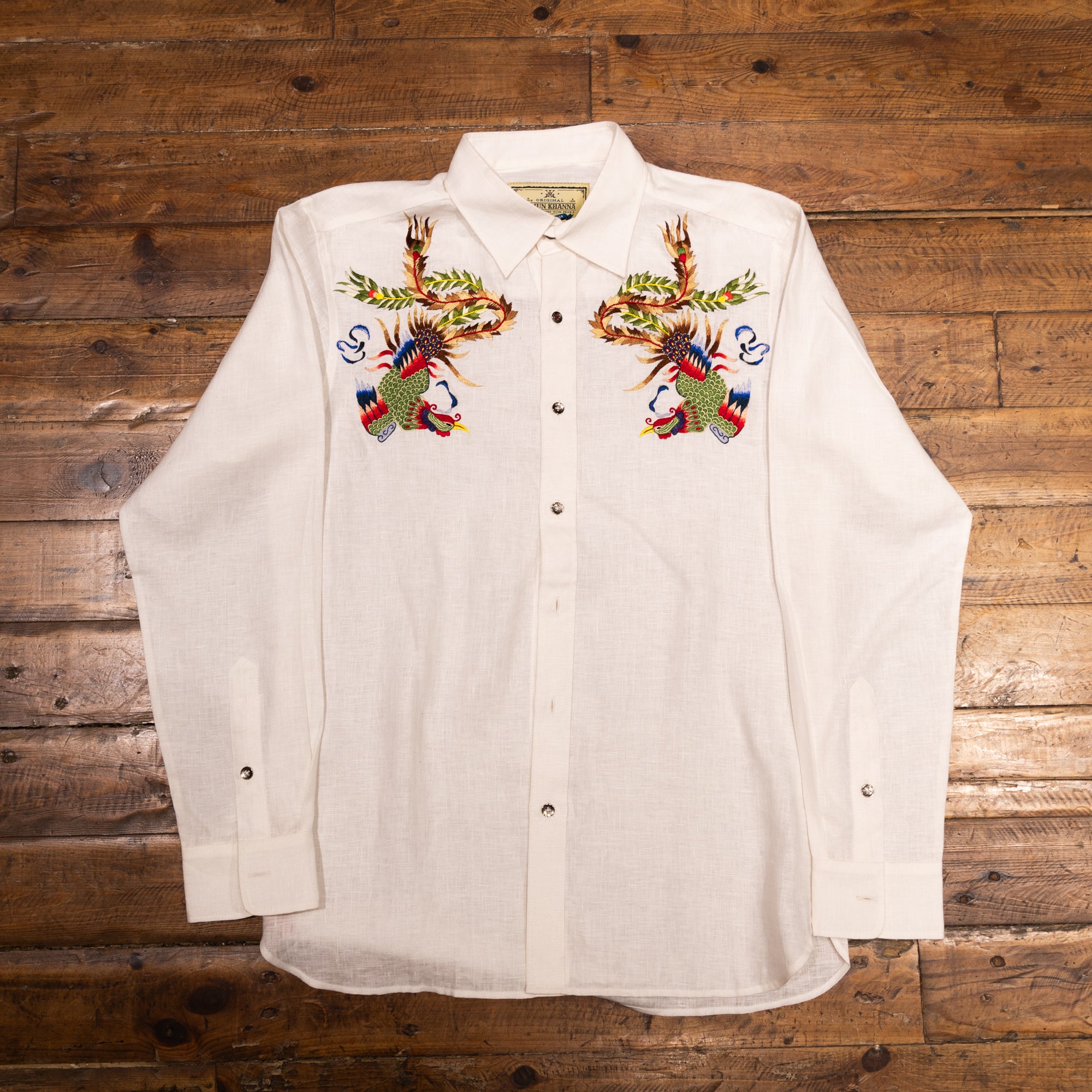 AK/PR/LOT1/SHRT039 Hand embroidered Birds of Paradise Linen Shirt (White) - WHITE