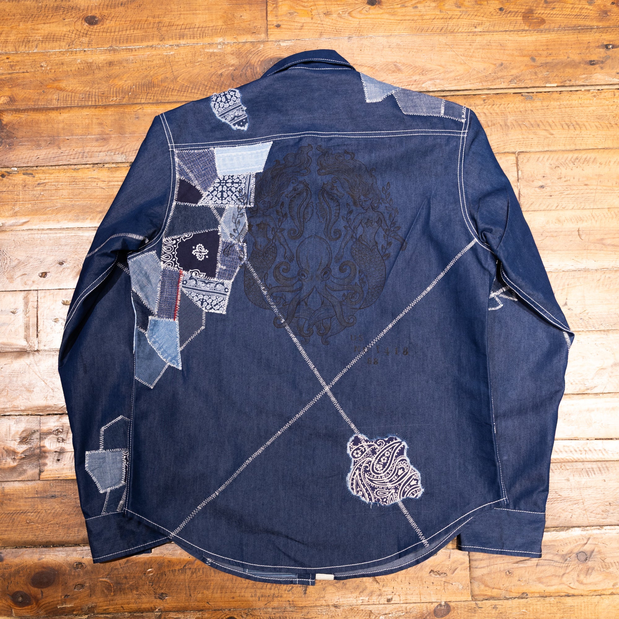 AK/PR/LOT1/SHRT018 Shirt Pattern 4 Repaired Handpainted Mermaid Seafarer Shirt with Heavy Patchwork (Dark) - INDIGO
