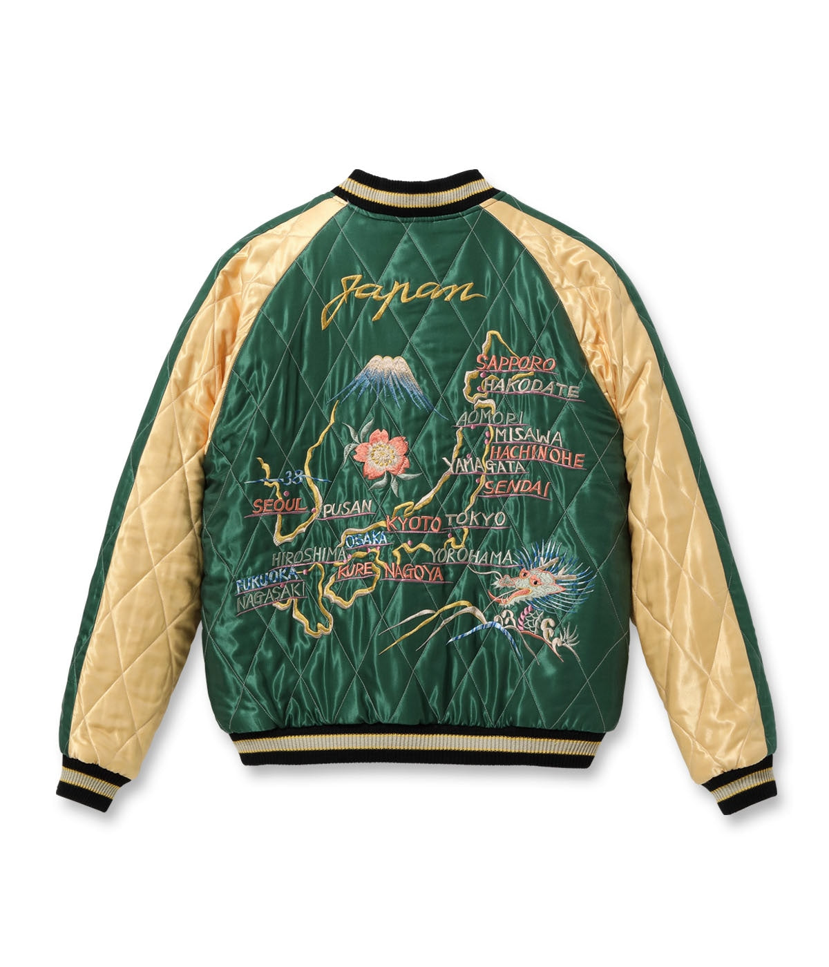TT15544-141 MID 1950S STYLE VELVETEEN SOUVENIR JACKET BLACK EAGLE ? JAPAN MAP - MINT GREEN/GREEN