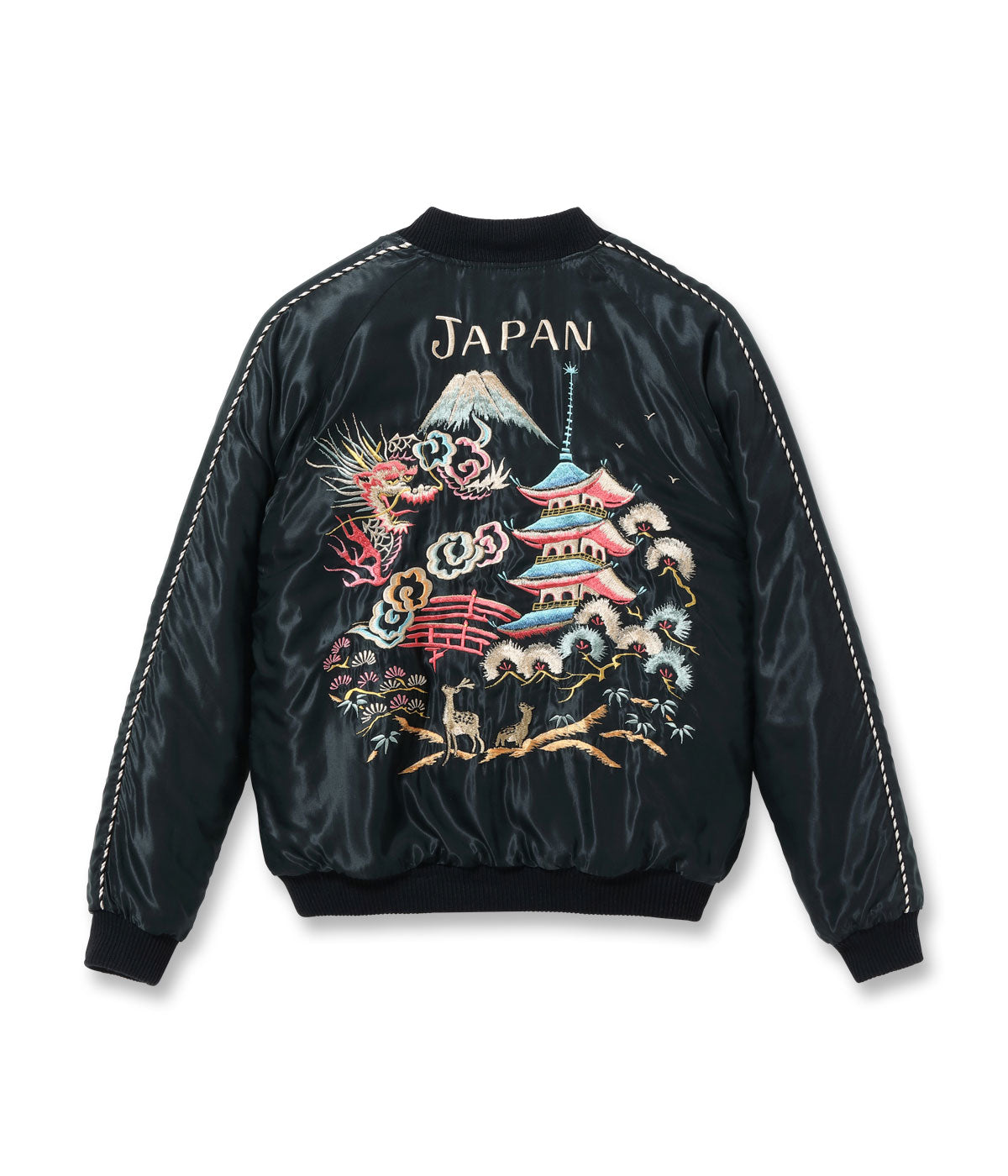 TT15791-159 Early 1950s Style Acetate Quilted Souvenir Jacket “WHITE TIGER” × “LANDSCAPE” - BLACK/ORANGE