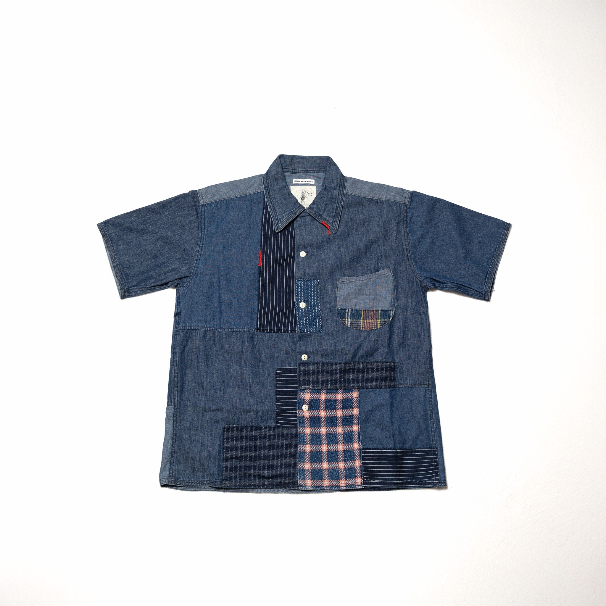 INDIGO MIX FABRIC PATCHWORK S/S OPEN SHIRT - INDIGO