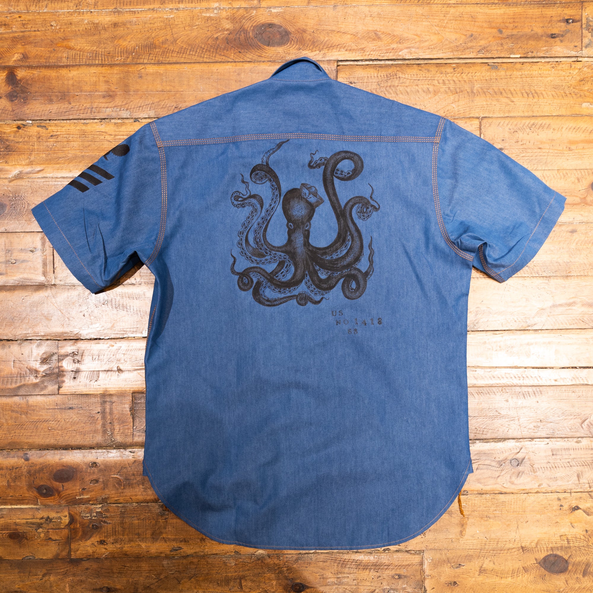 AK/PR/LOT1/SHRT031 Shirt Pattern 3 Half Sleeve Cotton Shirt with Handpainted Octopus Seafarer and Eagle Stripe  - INDIGO