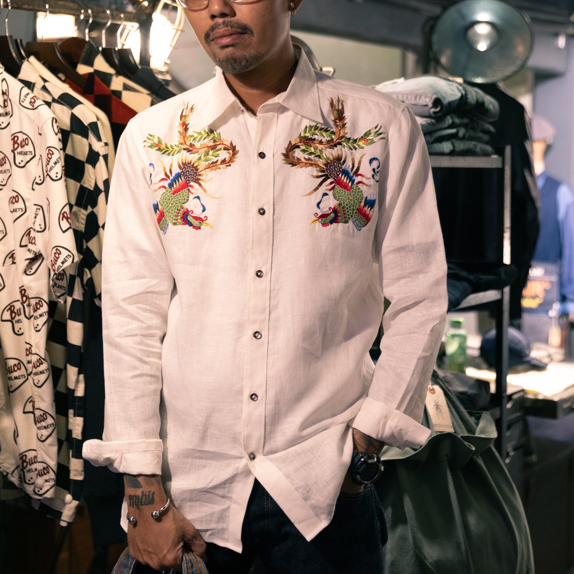 AK/PR/LOT1/SHRT039 Hand embroidered Birds of Paradise Linen Shirt (White) - WHITE
