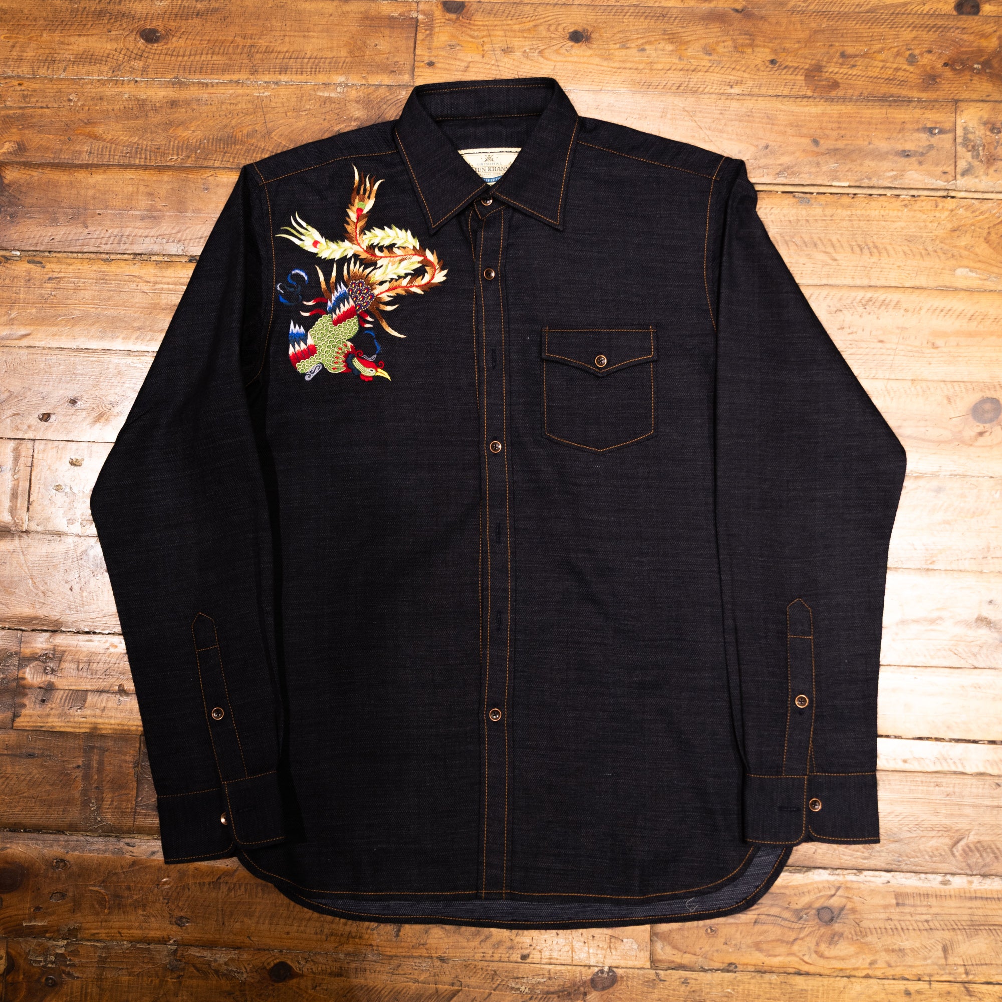AK/PR/LOT1/SHRT041 Blue Ribbed Birds of Paradise Cotton Shirt with Pocket - INDIGO