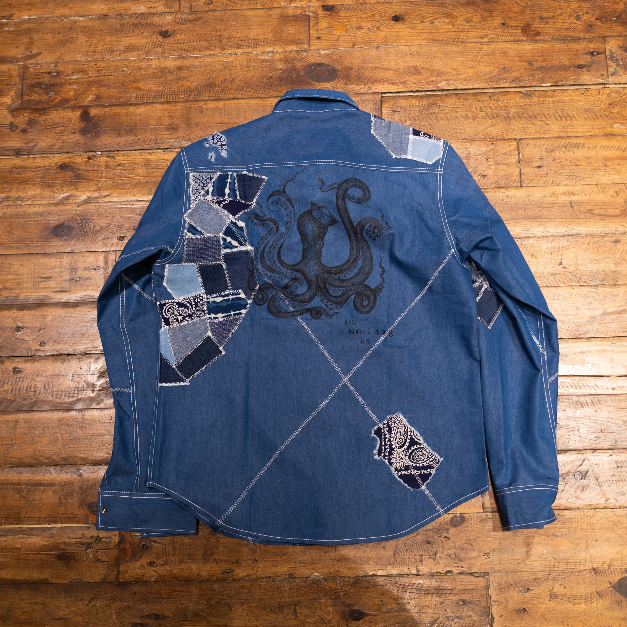 AK/PR/LOT1/SHRT035 Shirt Pattern 4 Repaired Handpainted Octopus Seafarer Shirt with Heavy Patchwork (Dark)  - INDIGO
