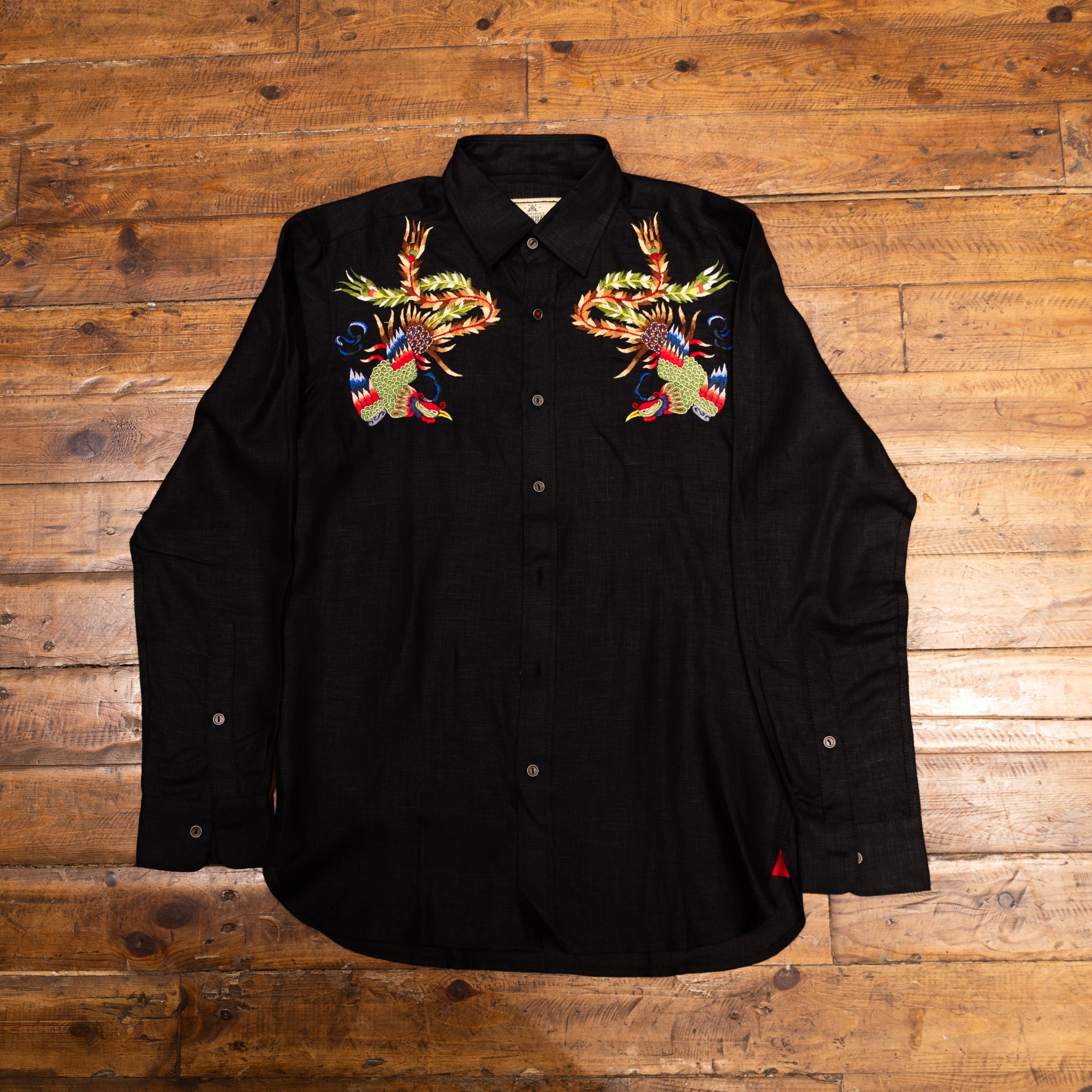 AK/PR/LOT1/SHRT038 Hand embroidered Birds of Paradise Linen Shirt (Black) - BLACK