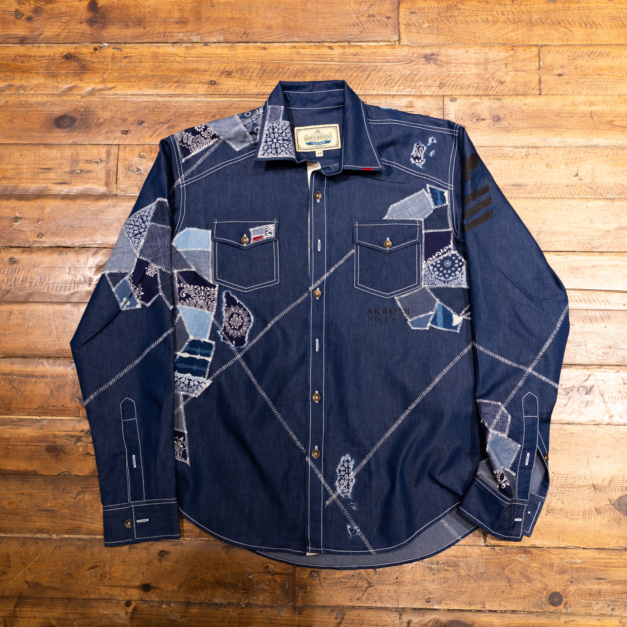 AK/PR/LOT1/SHRT036 Shirt Pattern 4 Repaired Handpainted Seafarer Chambray Shirt with Heavy Patchwork  - INDIGO