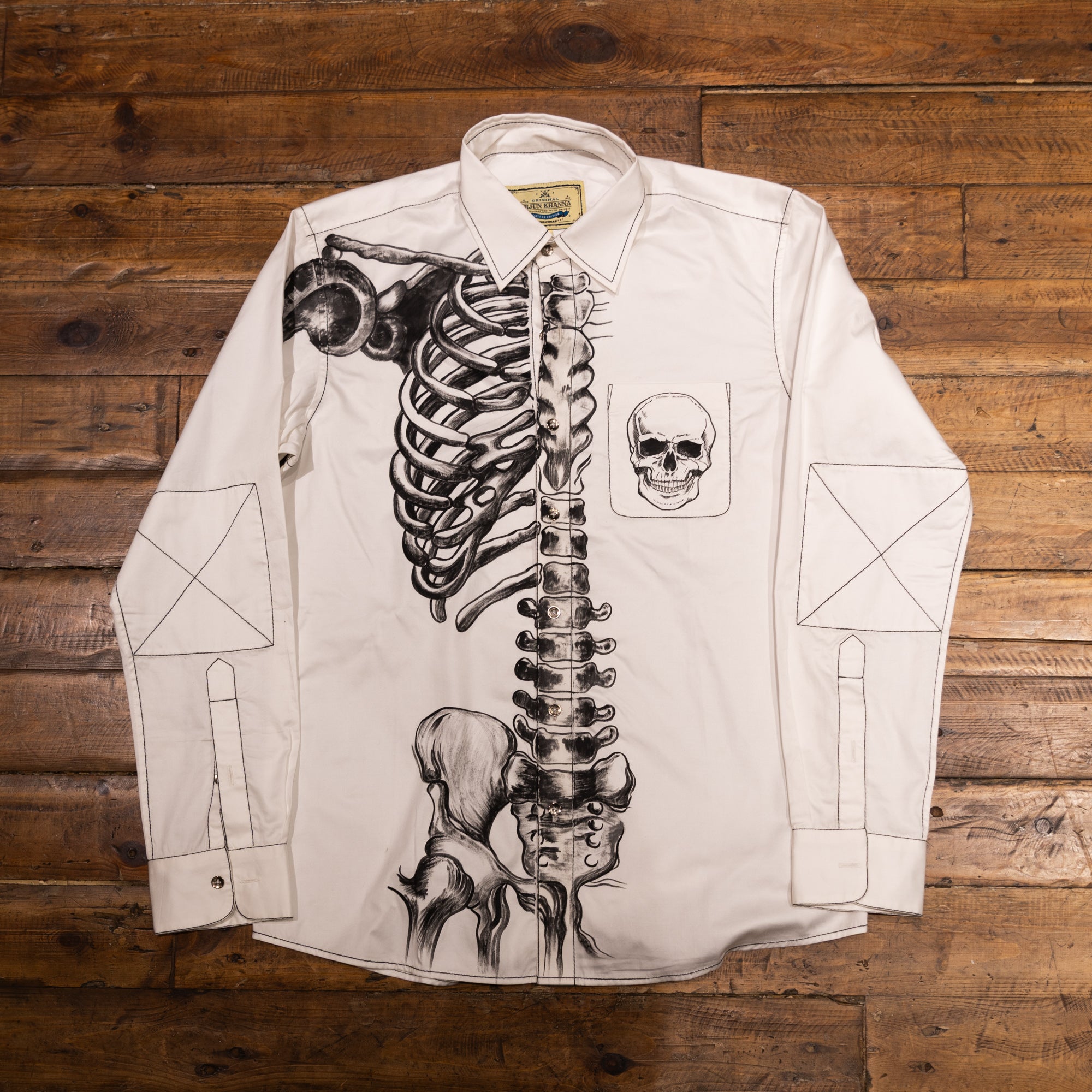 AK/PR/LOT1/SHRT048 Handpainted Skull & Skeleton Cotton Shirt (White) - WHITE