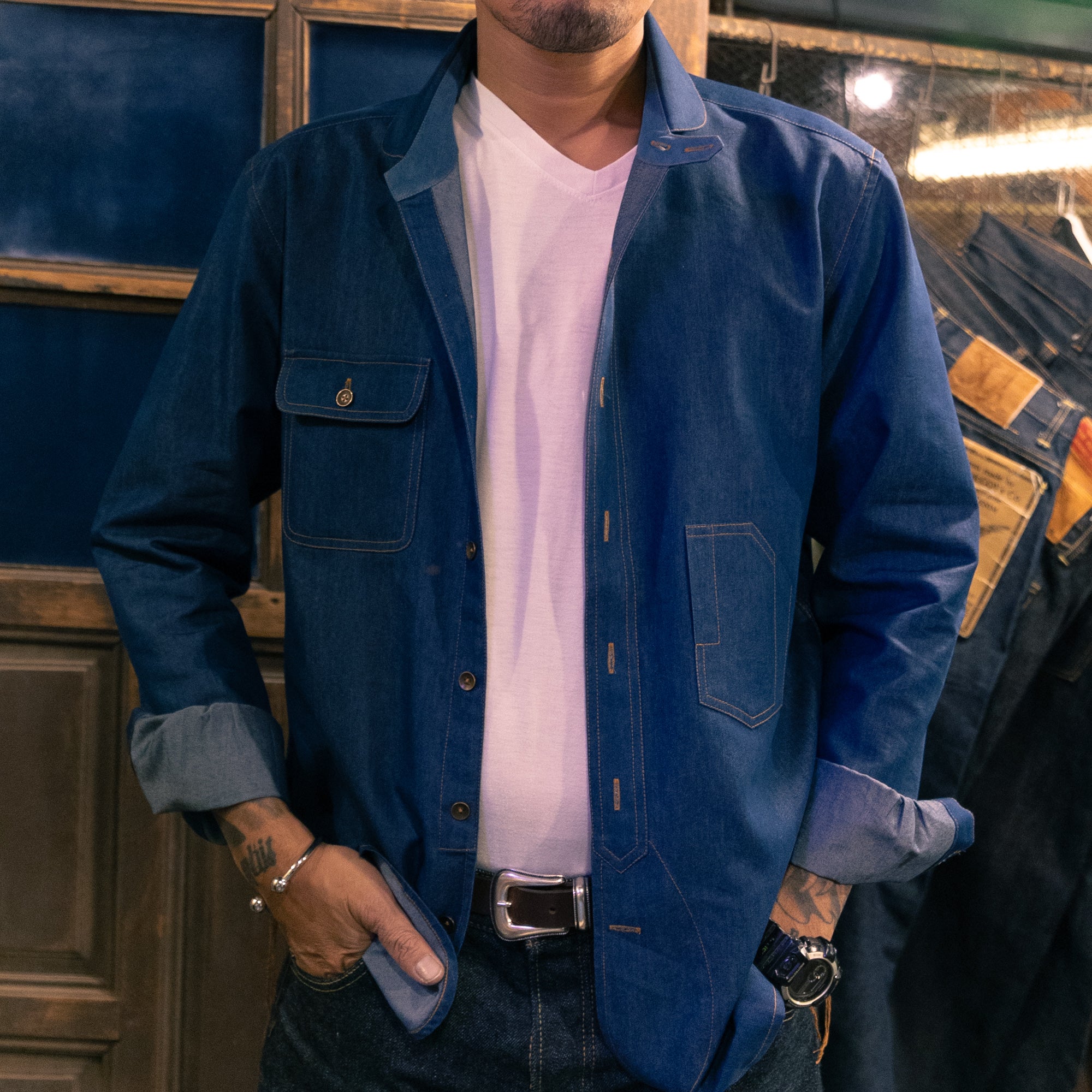 AK/PR/LOT1/SHRT001 Shirt Pattern 1 Dark Blue Cotton Shirt with Coin Pocket and Rounded Long Band Collar - INDIGO