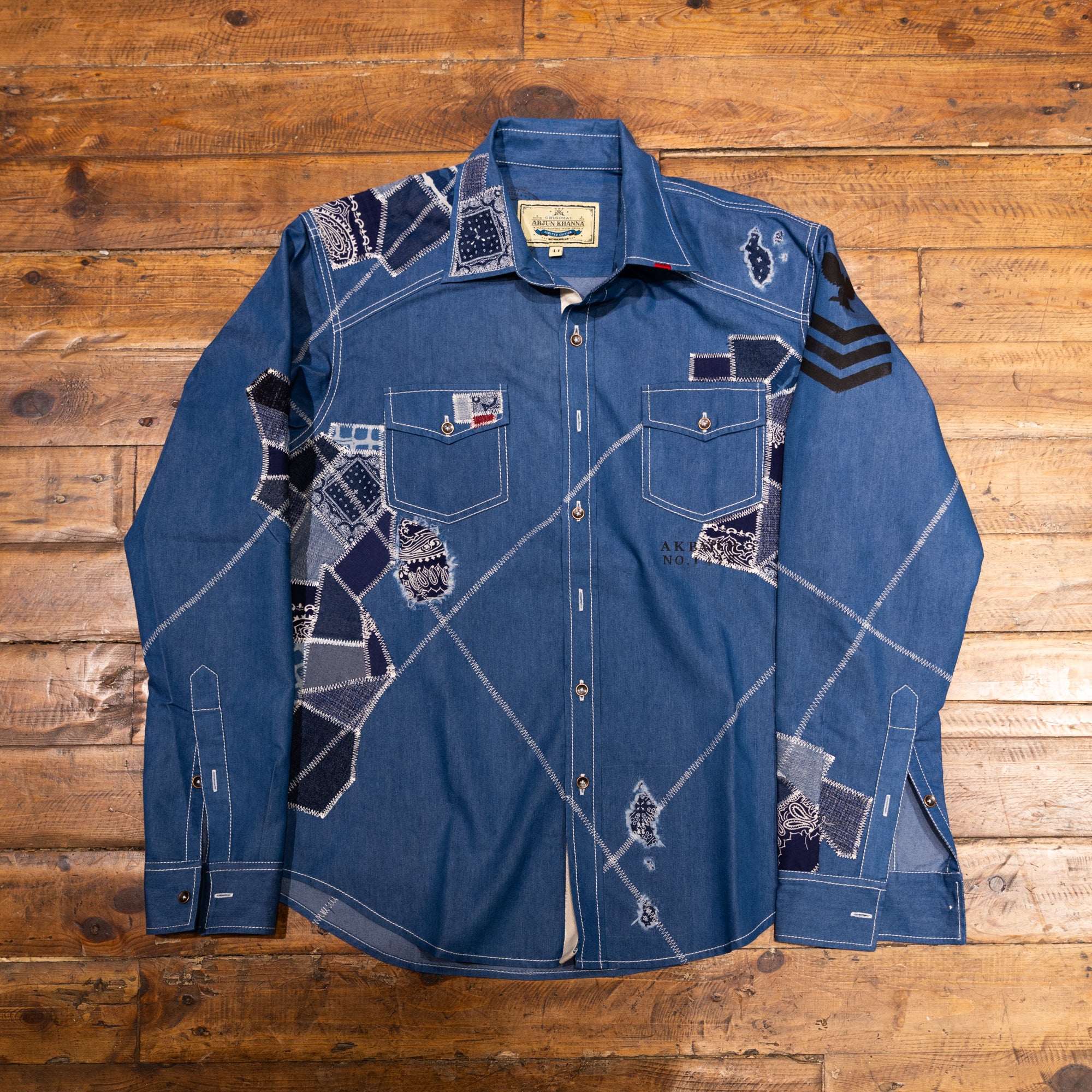 AK/PR/LOT1/SHRT035 Shirt Pattern 4 Repaired Handpainted Octopus Seafarer Shirt with Heavy Patchwork (Dark)  - INDIGO
