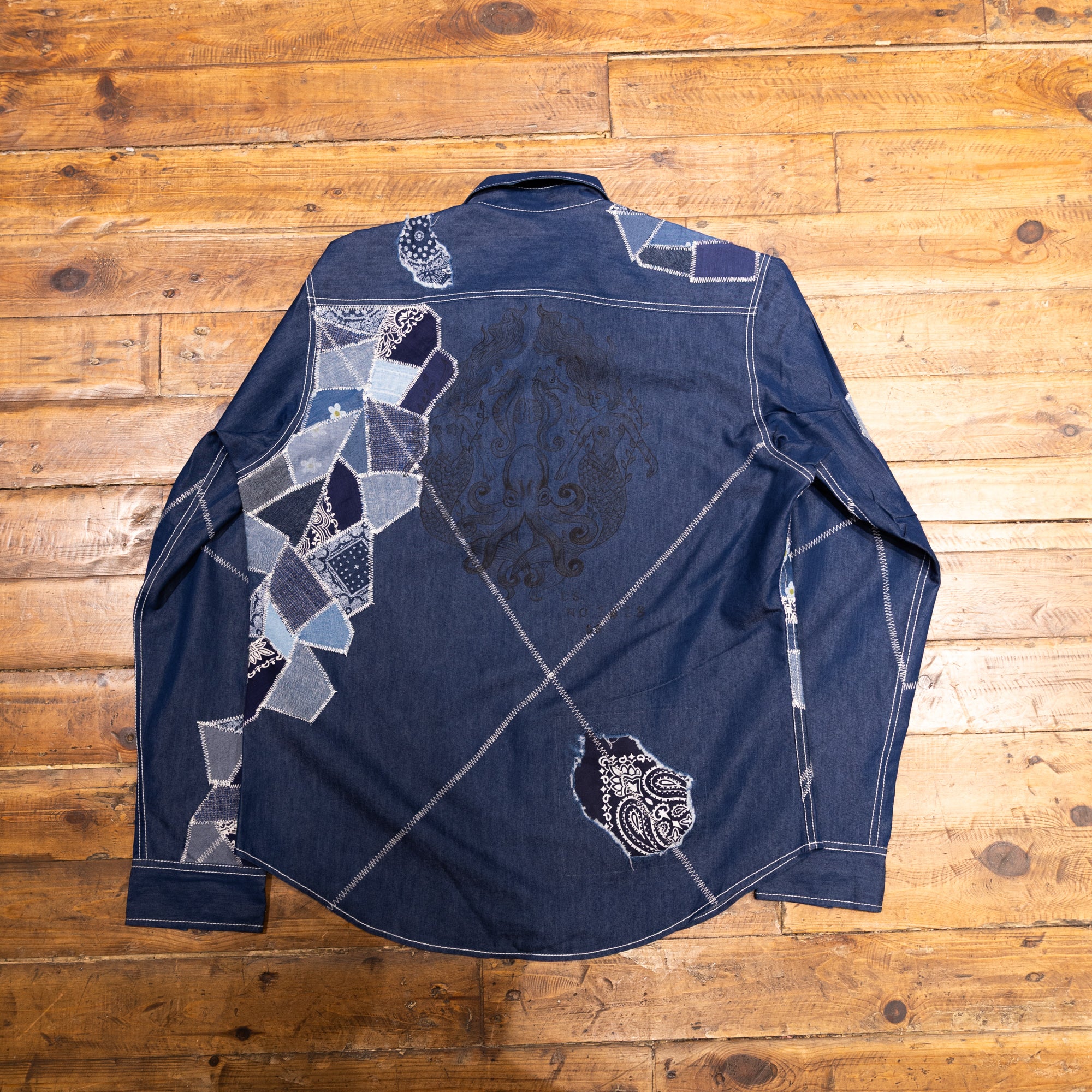 AK/PR/LOT1/SHRT036 Shirt Pattern 4 Repaired Handpainted Seafarer Chambray Shirt with Heavy Patchwork  - INDIGO