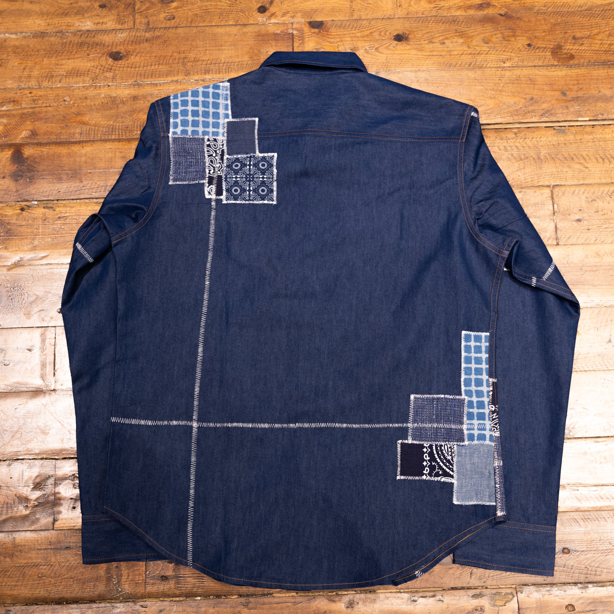 AK/PR/LOT1/SHRT016 Shirt Pattern 4 Dark Blue Cotton Patchwork Shirt with Two Flap Pockets - INDIGO
