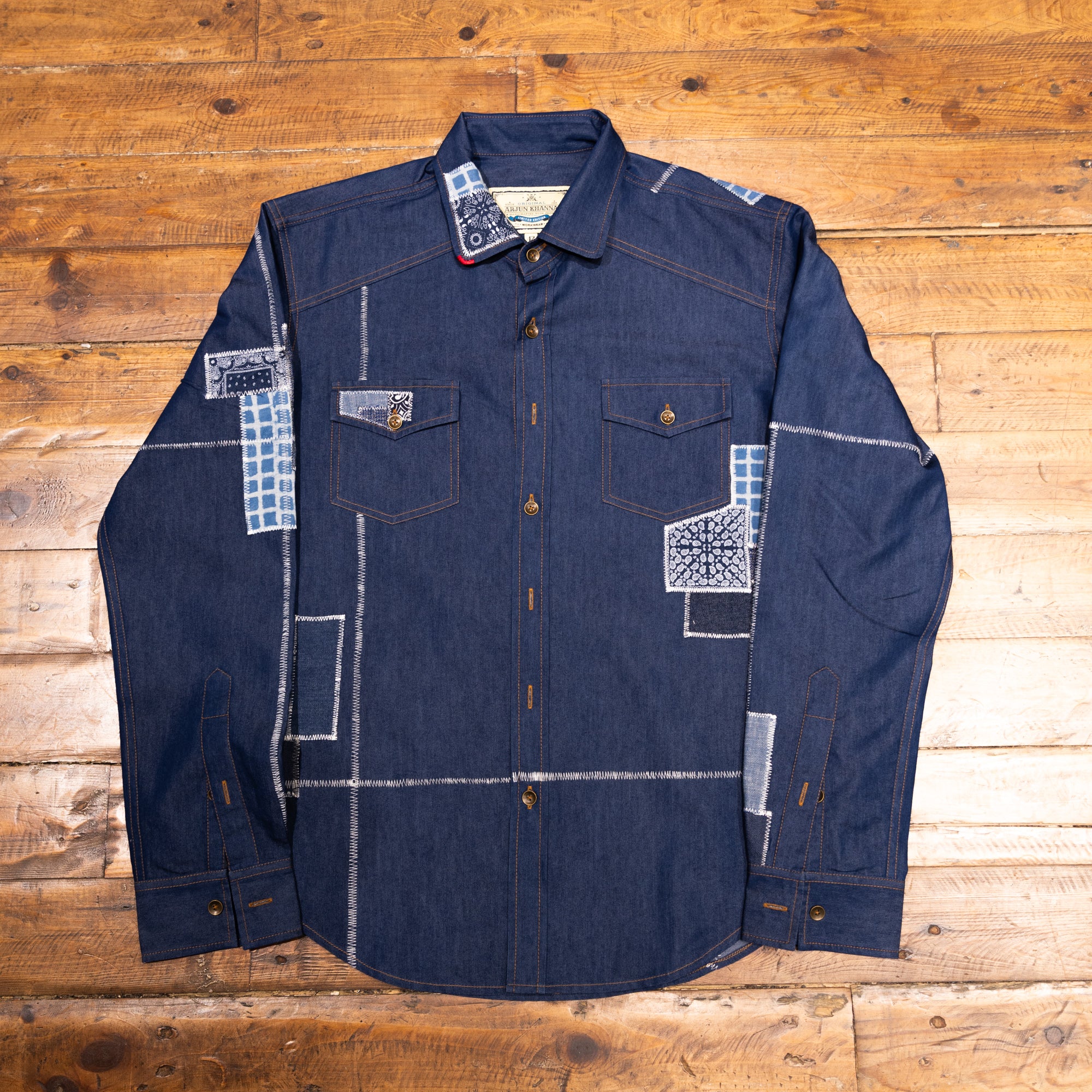 AK/PR/LOT1/SHRT016 Shirt Pattern 4 Dark Blue Cotton Patchwork Shirt with Two Flap Pockets - INDIGO