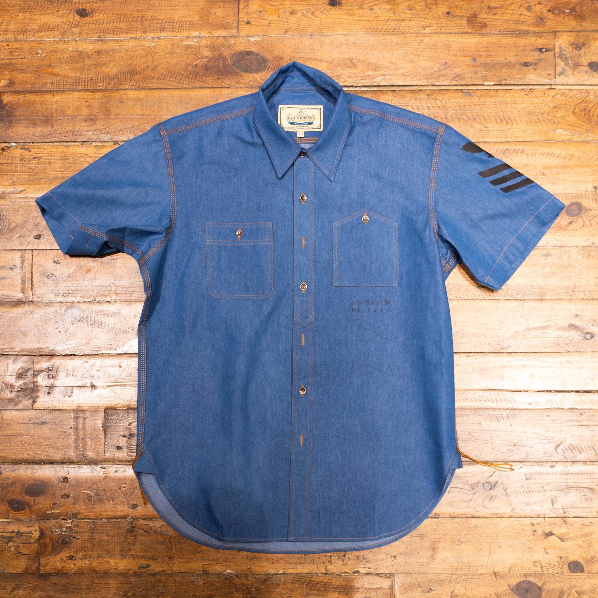 AK/PR/LOT1/SHRT031 Shirt Pattern 3 Half Sleeve Cotton Shirt with Handpainted Octopus Seafarer and Eagle Stripe  - INDIGO