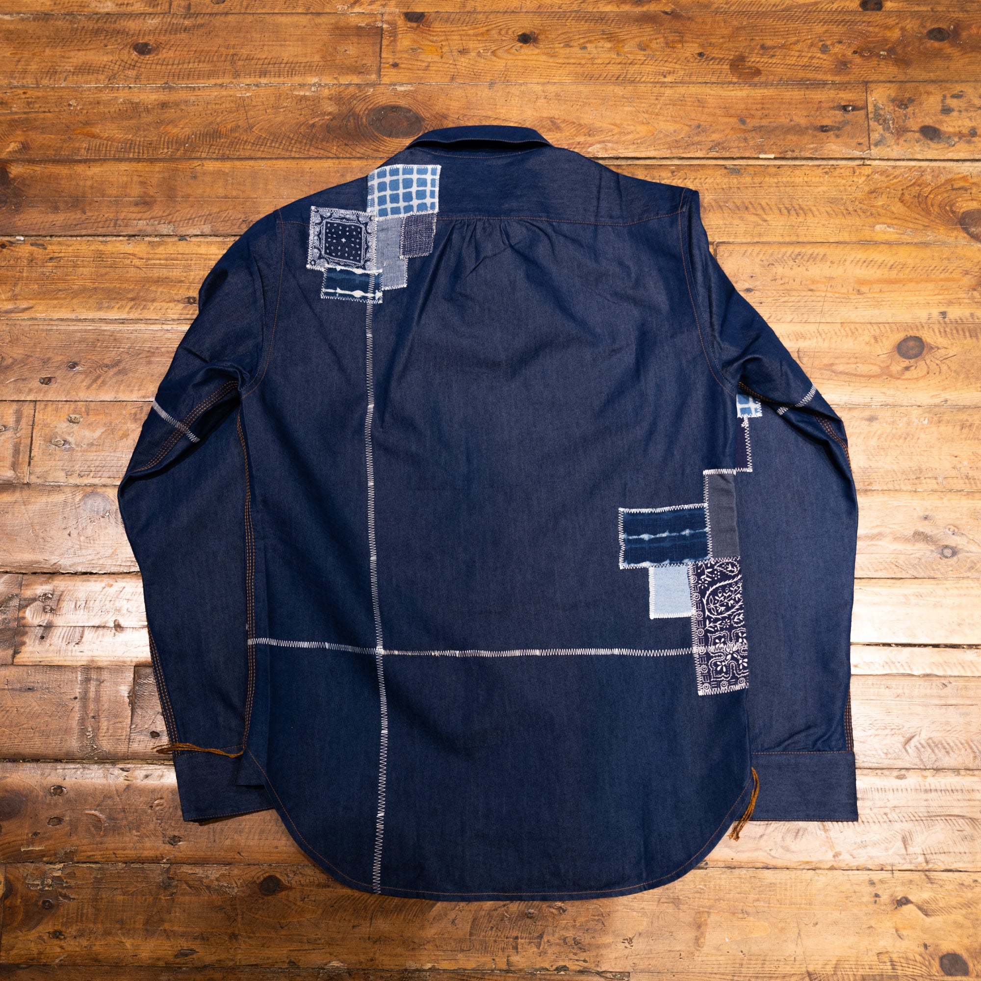 AK/PR/LOT1/SHRT005 Shirt Pattern 1 Blue Cotton Patchwork Shirt with Coin Pocket and Rounded Long Band Collar - INDIGO