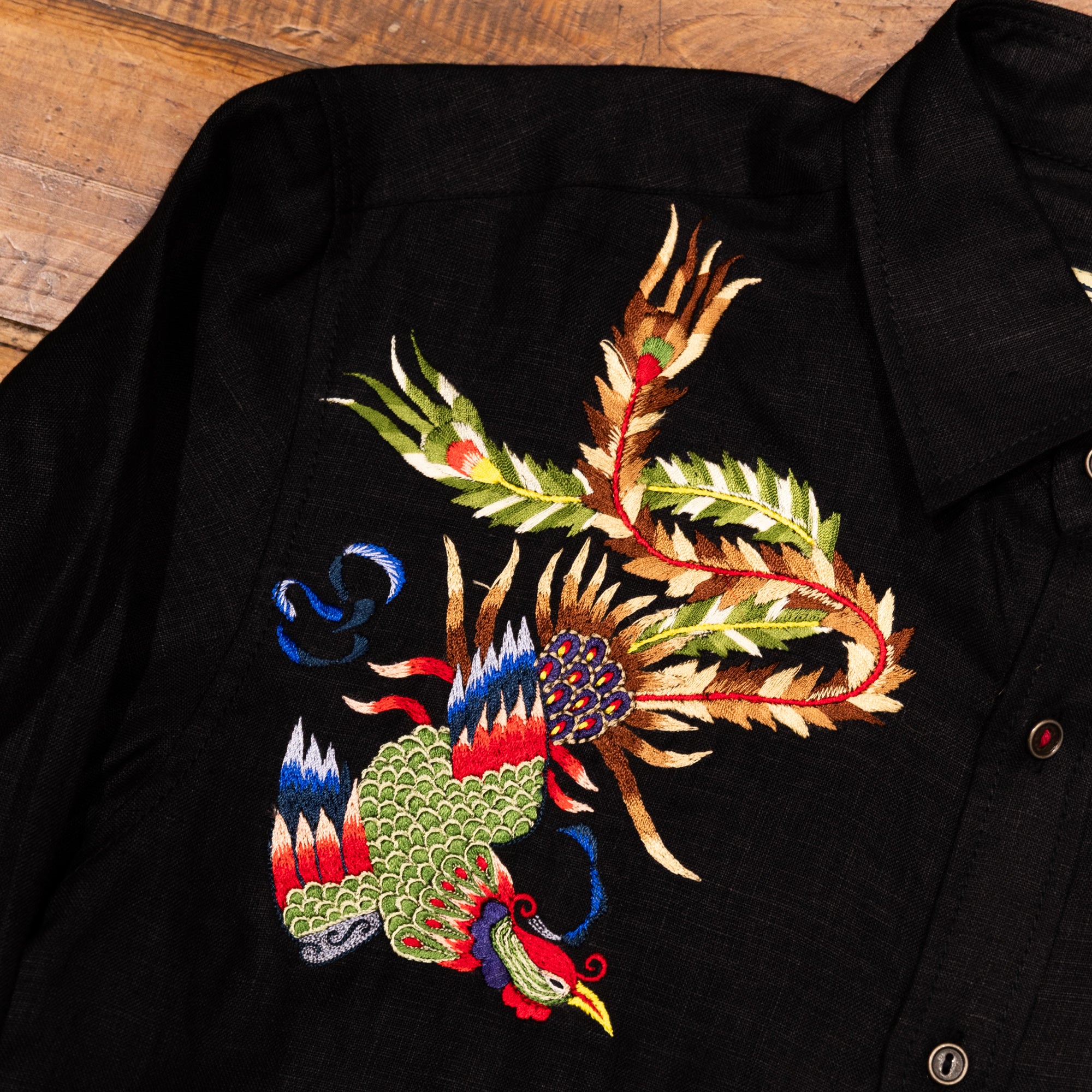 AK/PR/LOT1/SHRT038 Hand embroidered Birds of Paradise Linen Shirt (Black) - BLACK