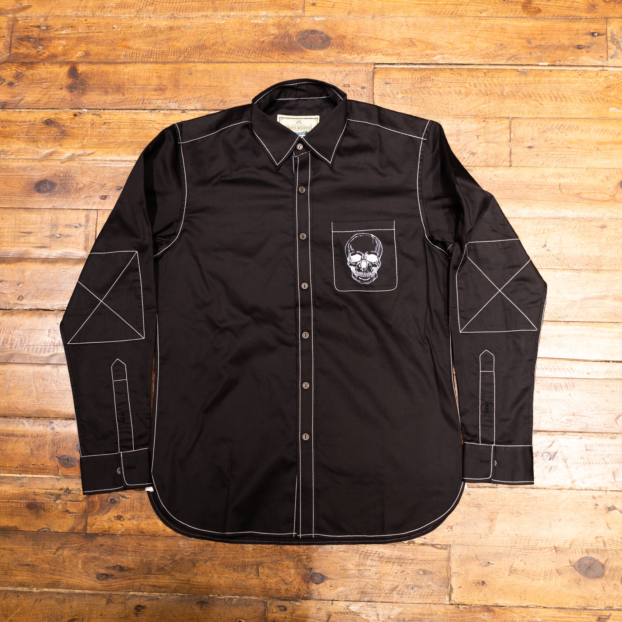 AK/PR/LOT1/SHRT044 Handpainted Skull & Vertebrae Back Cotton Shirt (Black) - BLACK