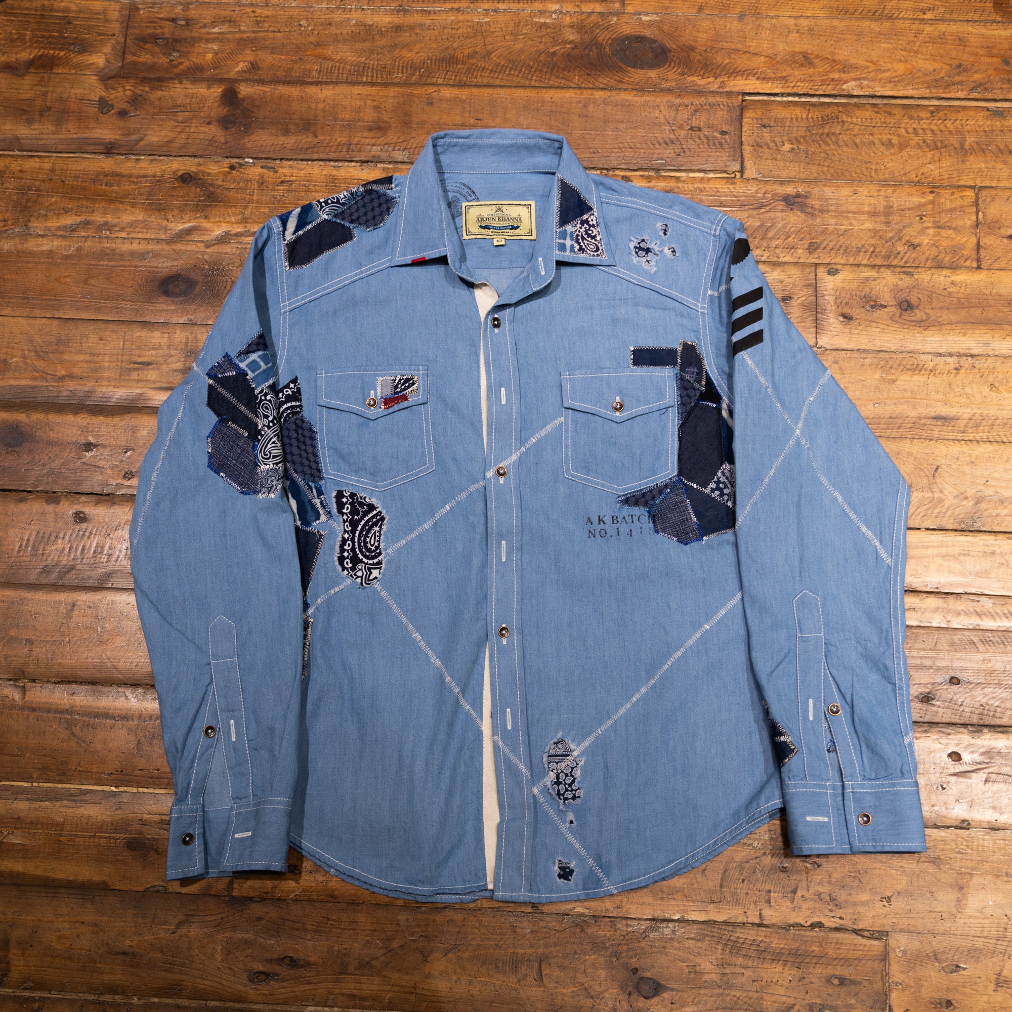 AK/PR/LOT1/SHRT017 Shirt Pattern 4 Repaired Handpainted Octopus Seafarer Shirt with Heavy Patchwork (Light ) - INDIGO