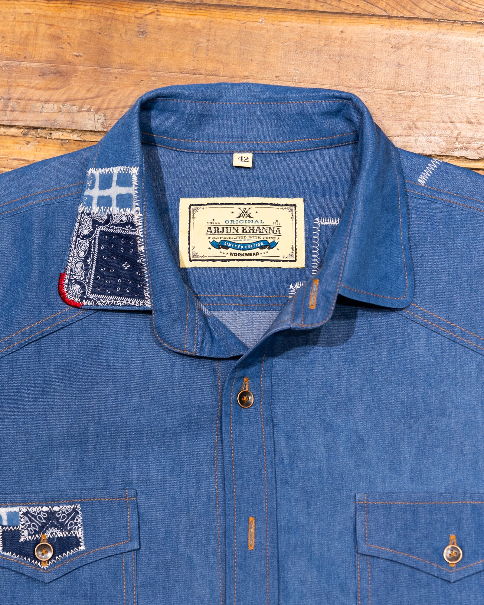 AK/PR/LOT1/SHRT013 Shirt Pattern 4 Light Blue Cotton Patchwork Shirt with Two Flap Pockets - INDIGO
