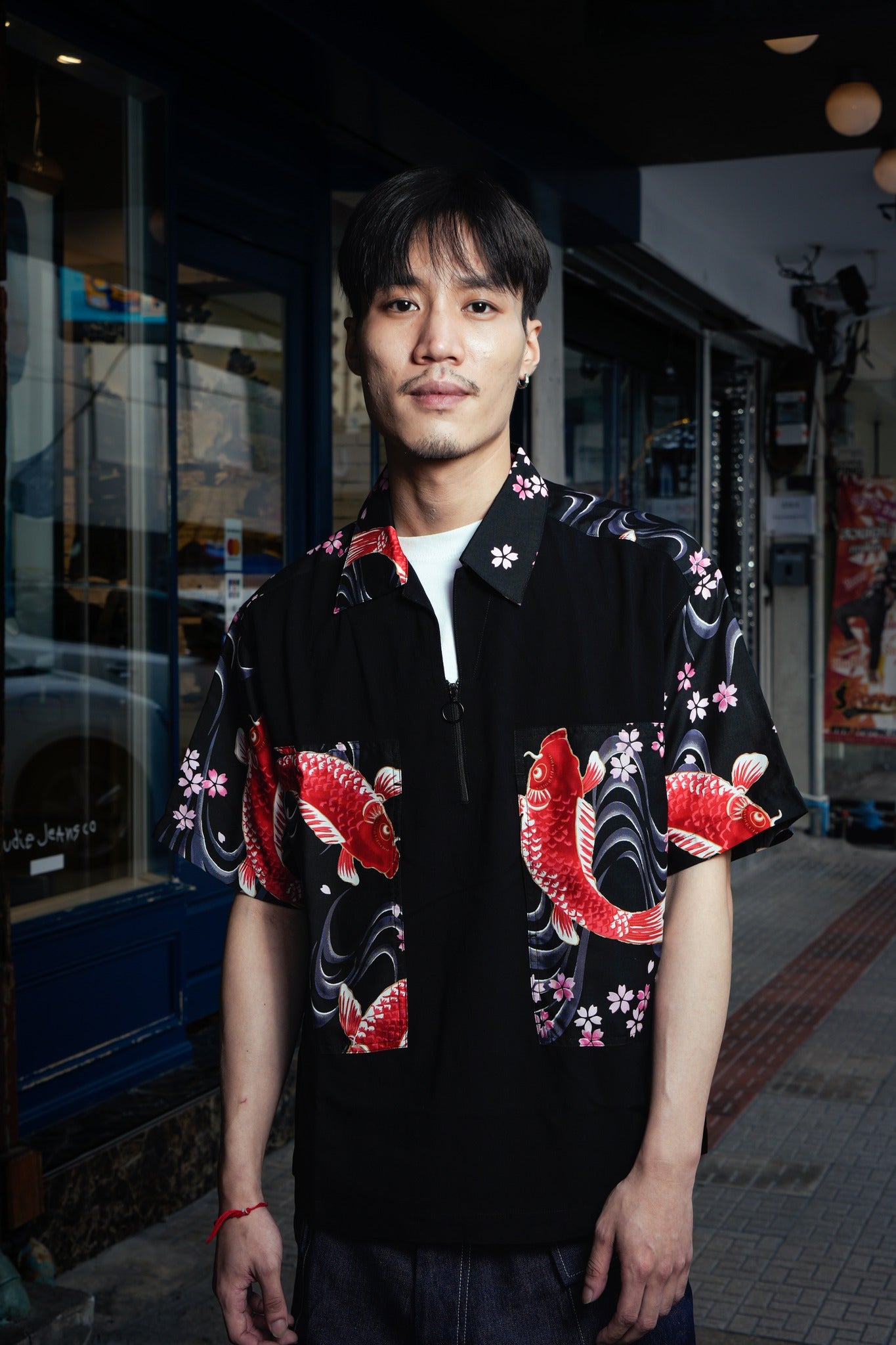 HALF ZIP ALOHA SHIRT - BLACK KOI